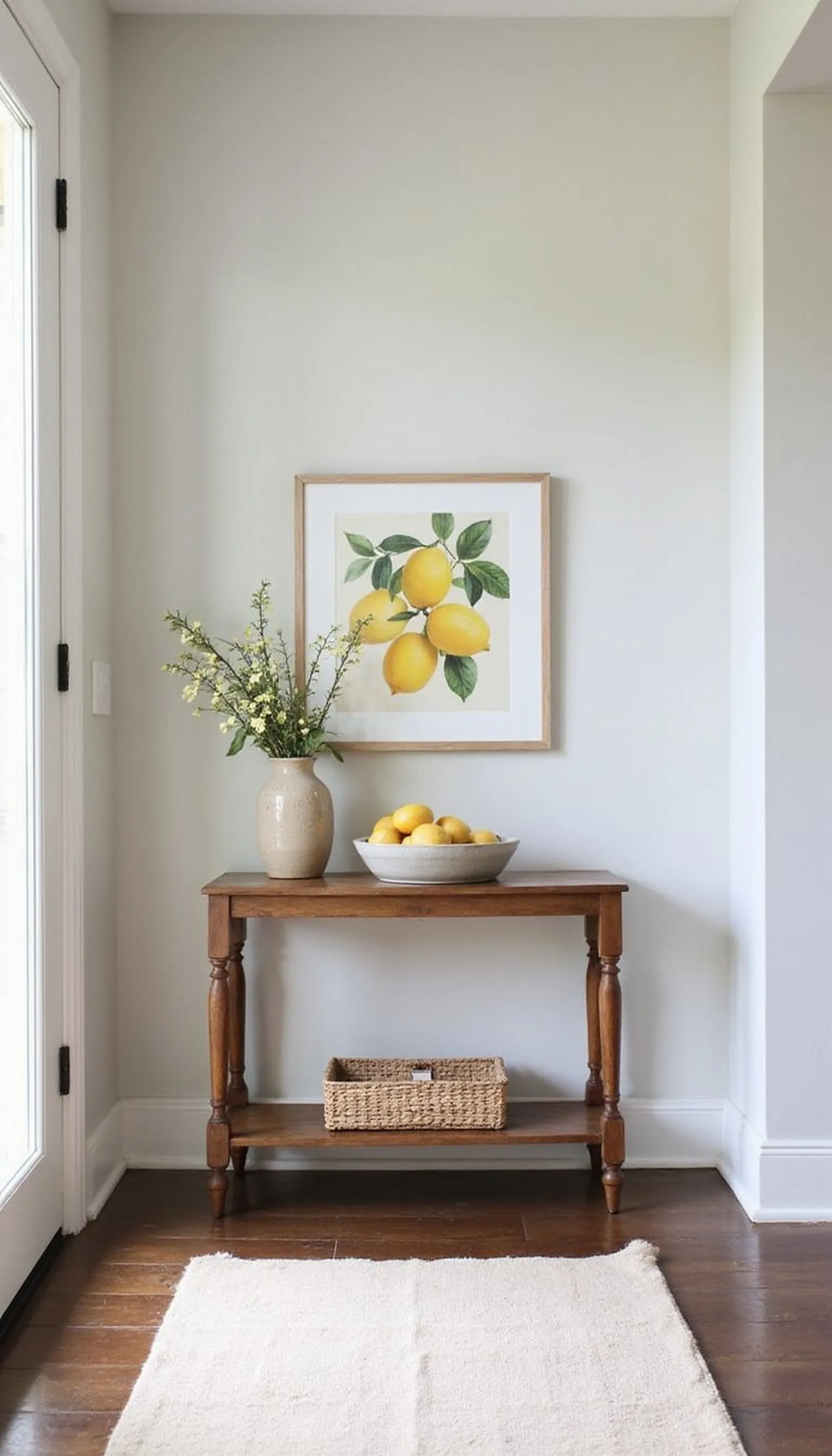 Sunny citrus bowl and cheerful wall art setup