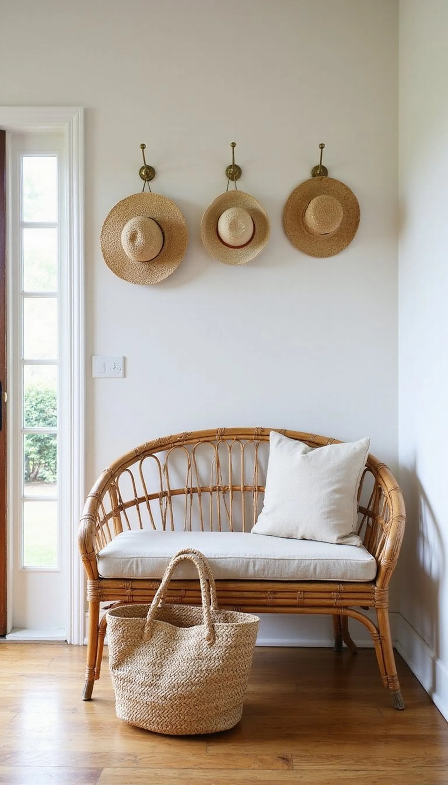 Wicker bench, linen cushions, and hat hooks