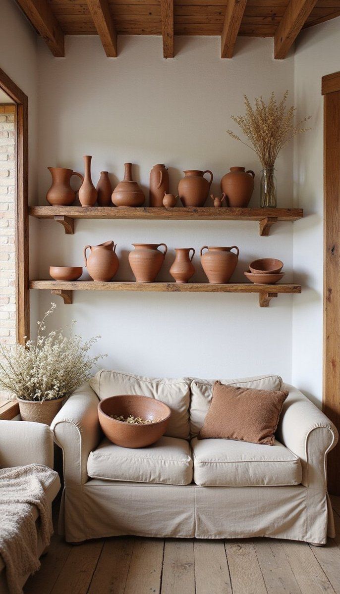 Handcrafted clay pottery displays