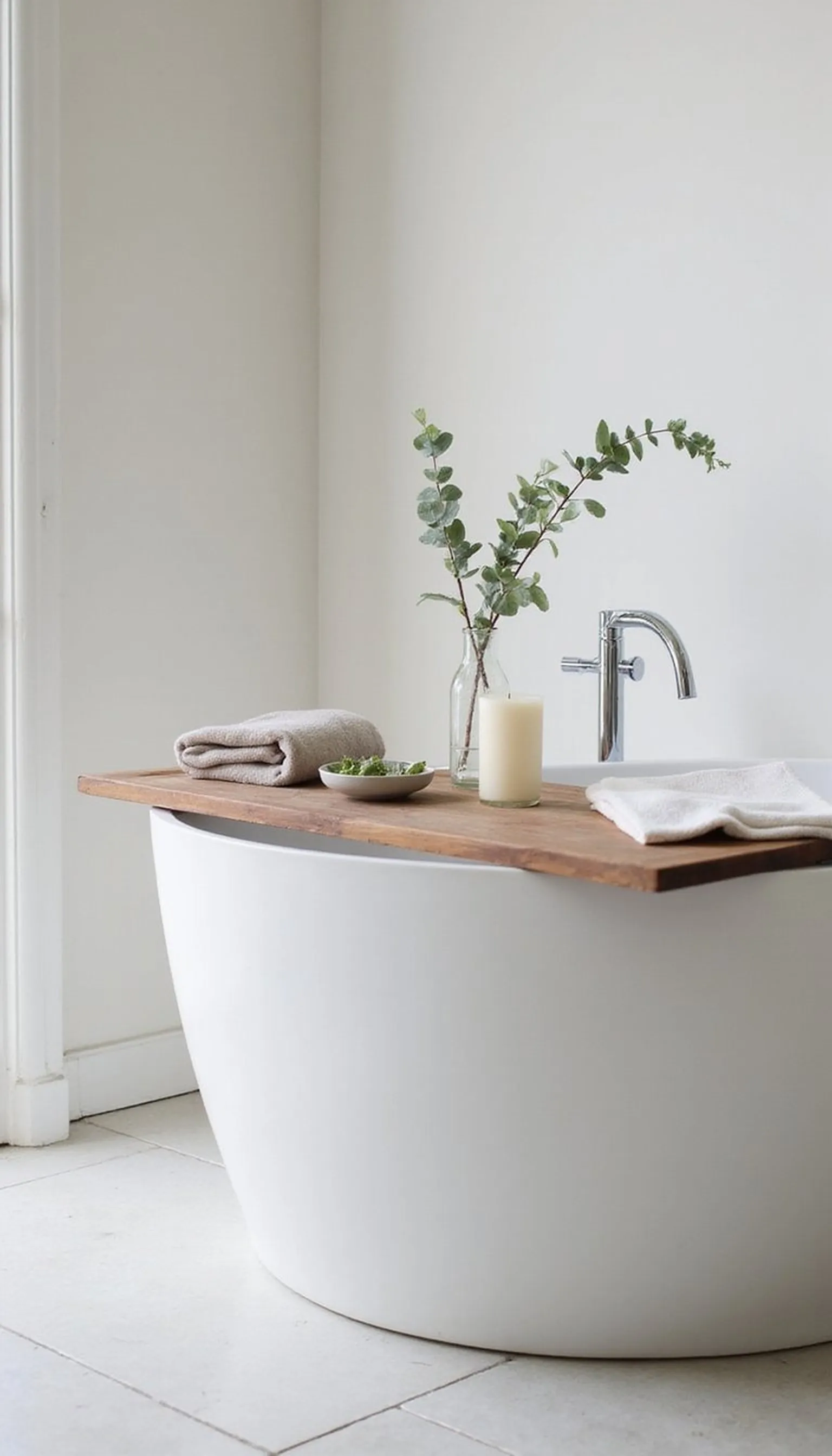 Freestanding tub vignette with wooden bath tray