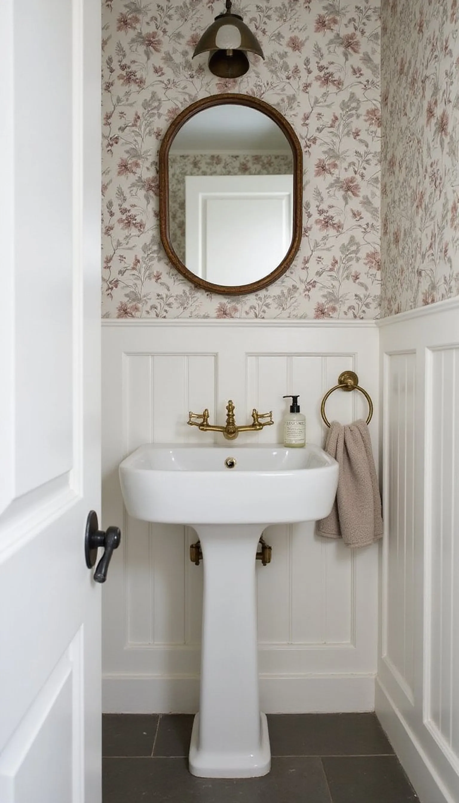 Guest bathroom with bold wallpaper and small mirror