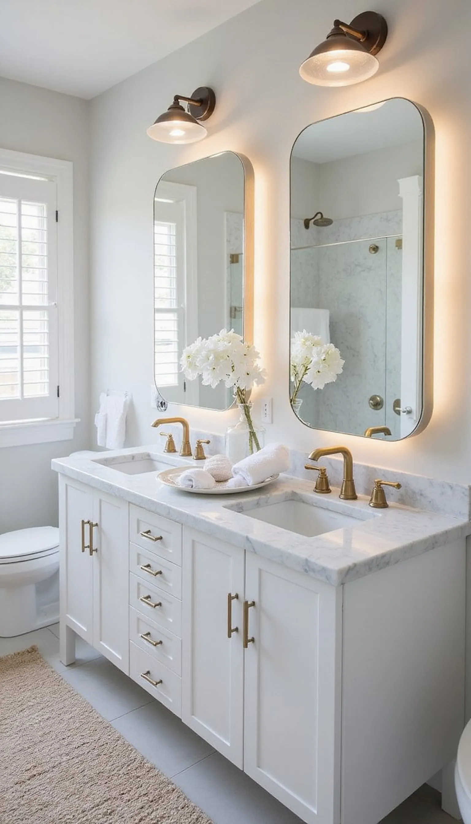 Marble double vanity with backlit mirror