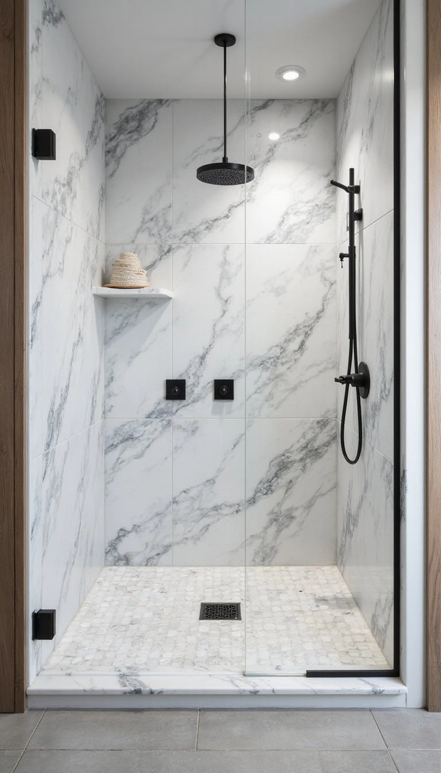 Marble shower with matte black drain and accents