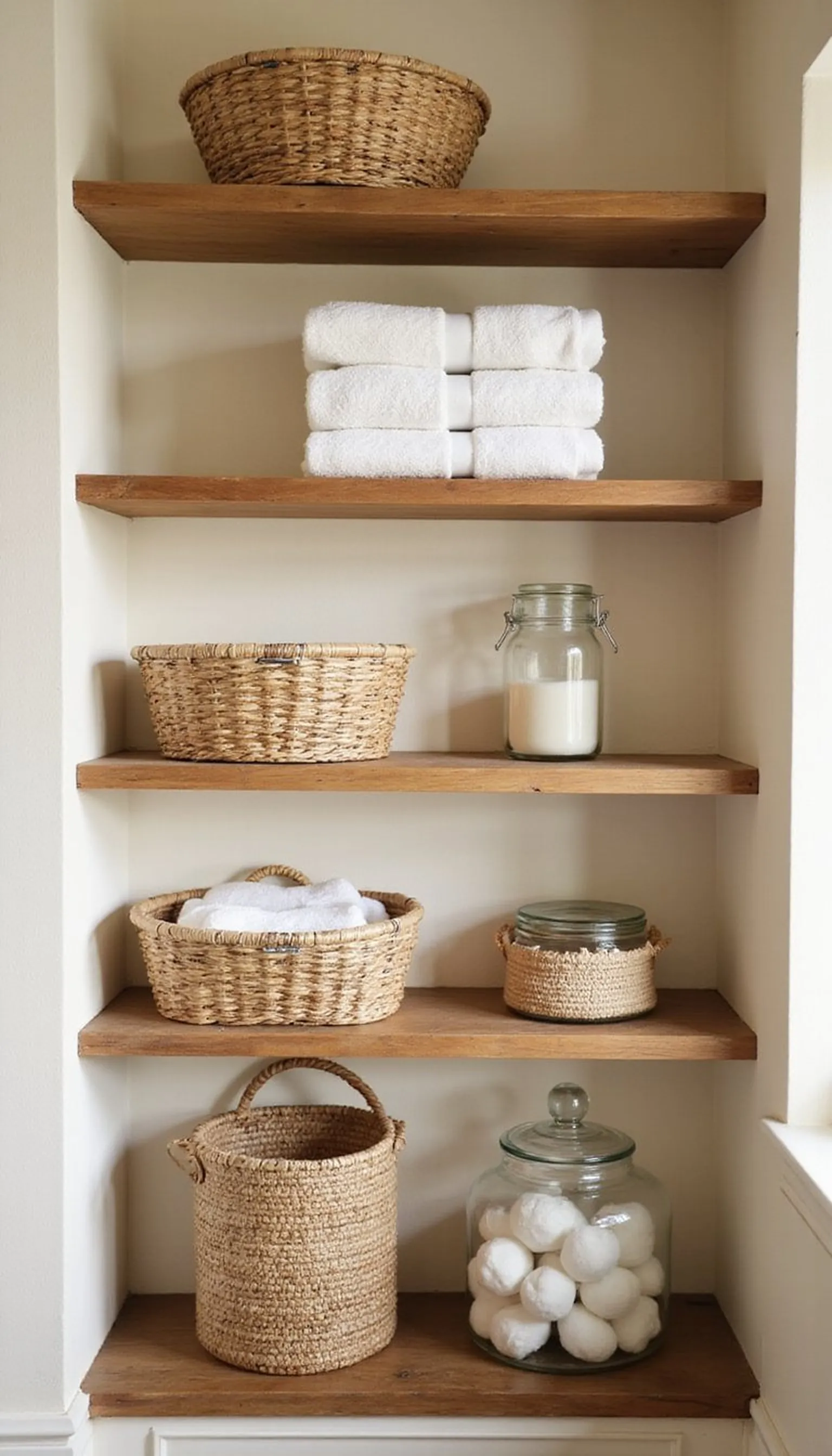 Open shelving and folded linens like a boutique hotel