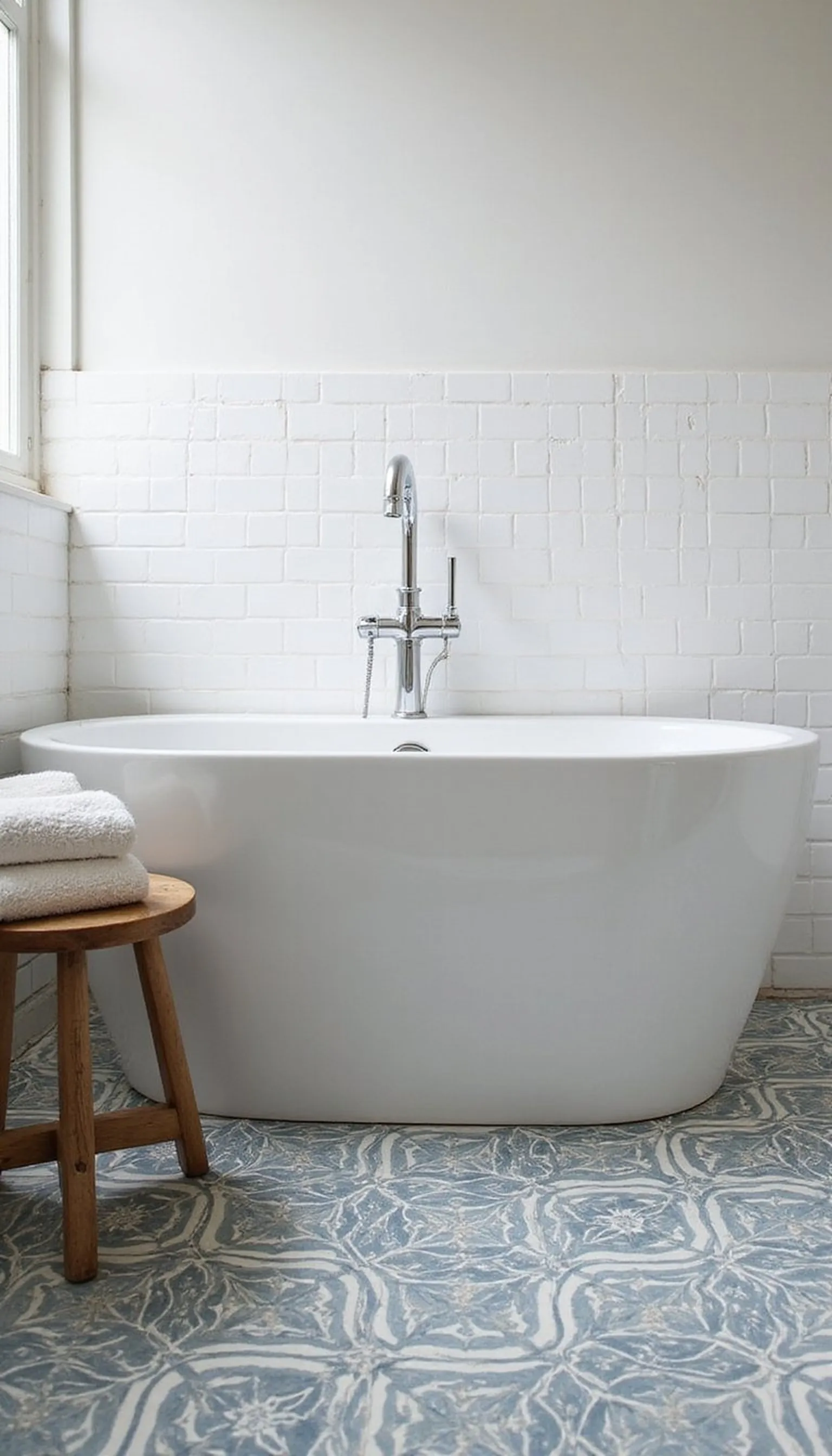 Patterned floor tile with pared-back fixtures