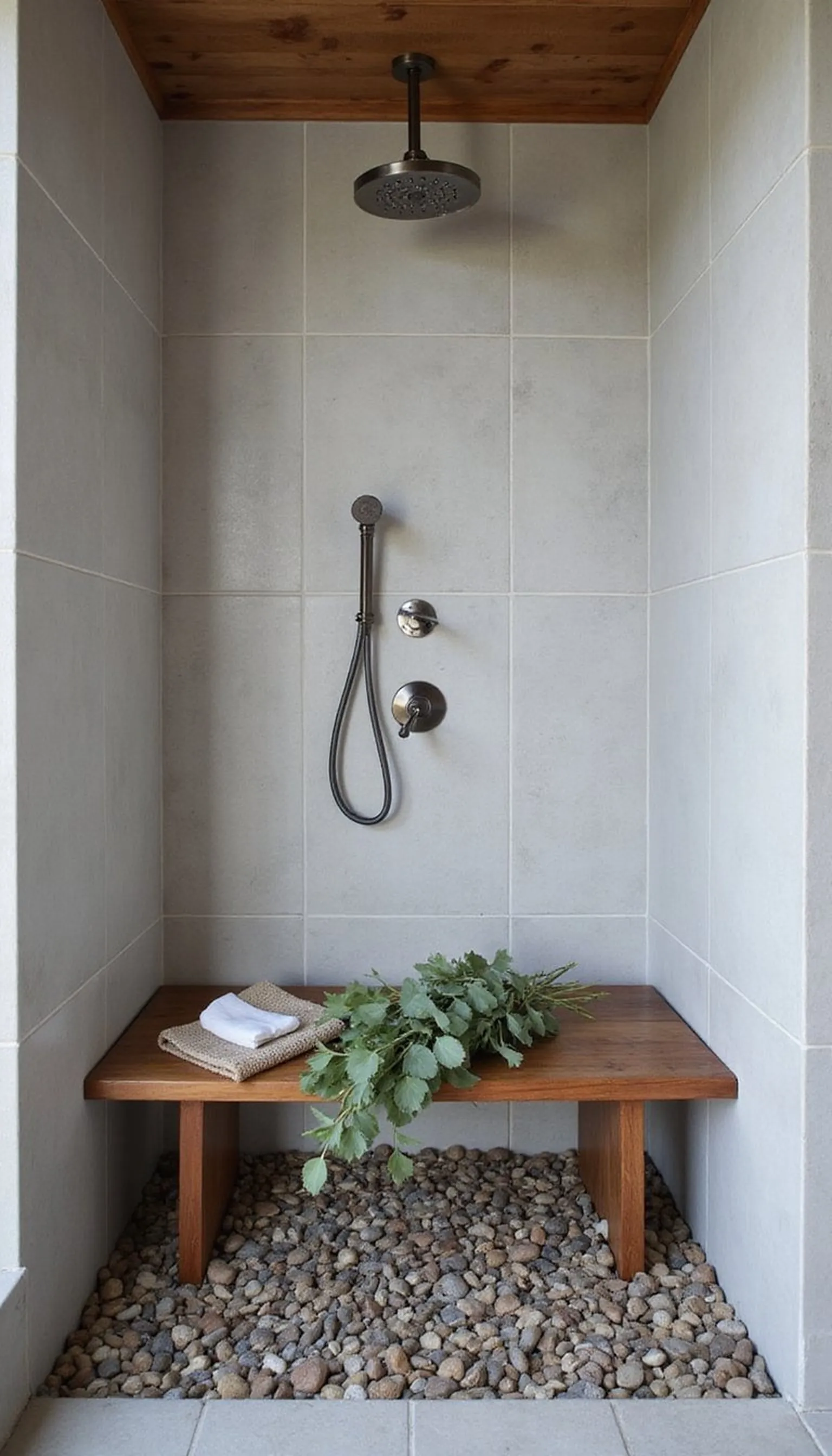Pebble-floor shower with teak bench and greenery