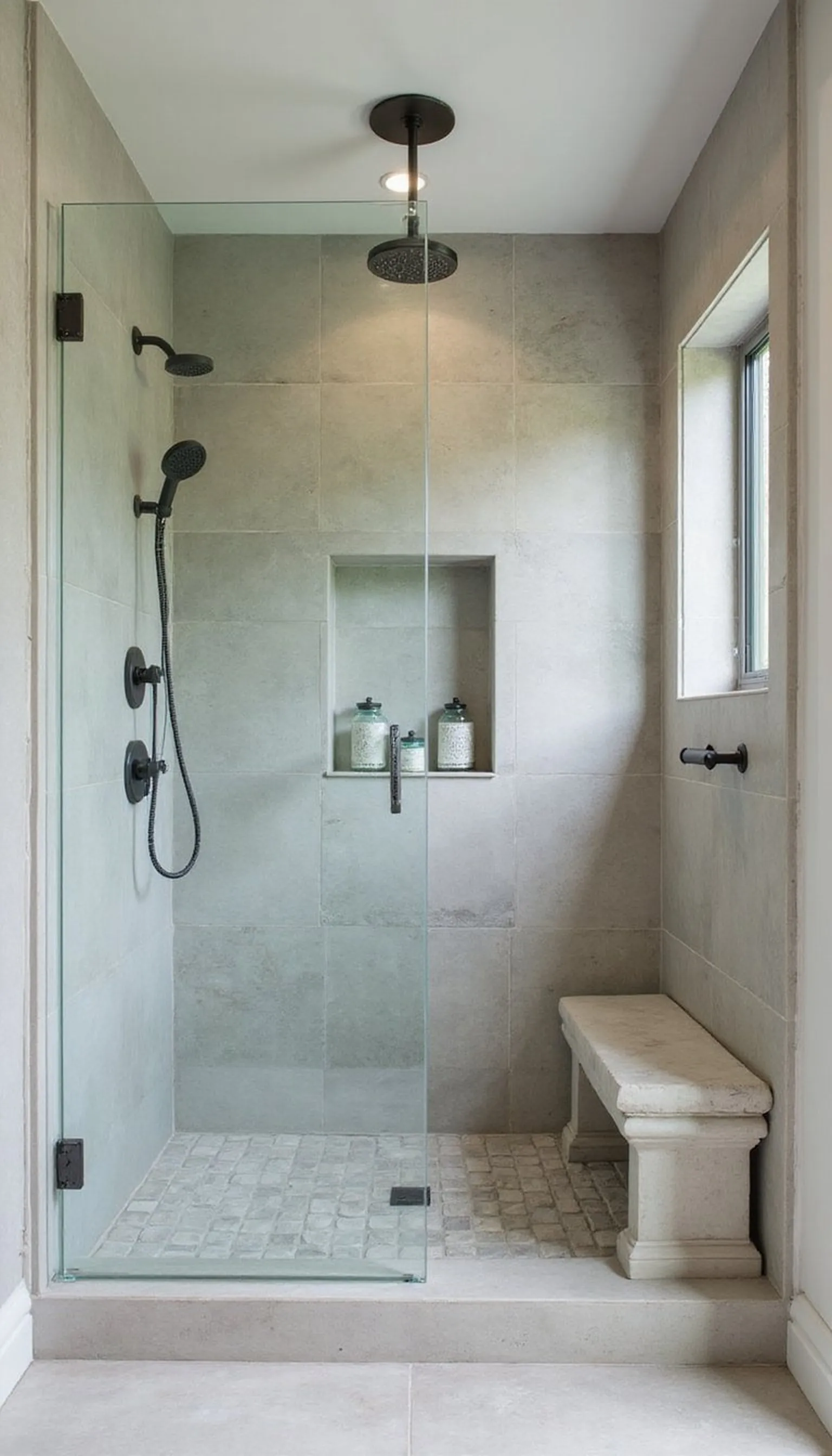 Rain shower with glass panel and built-in bench