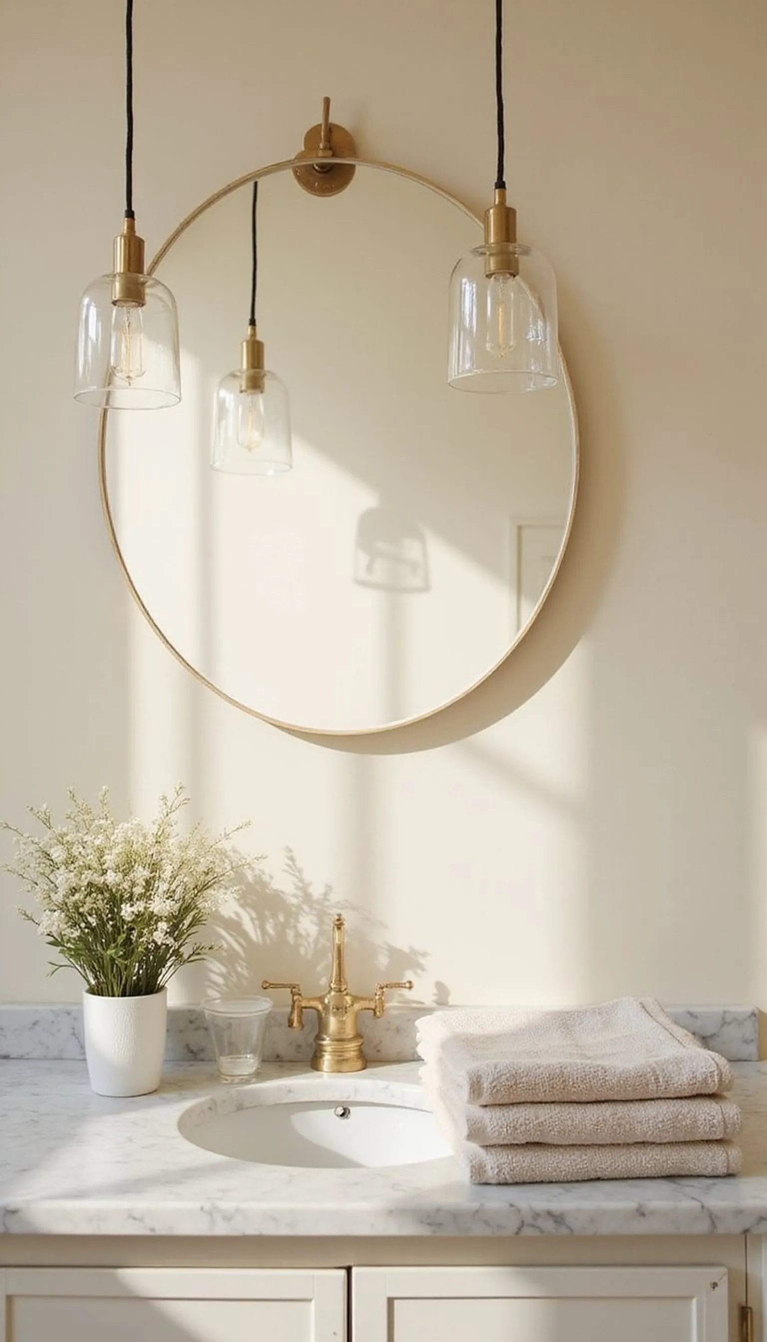 Soft pendant lighting over the vanity area