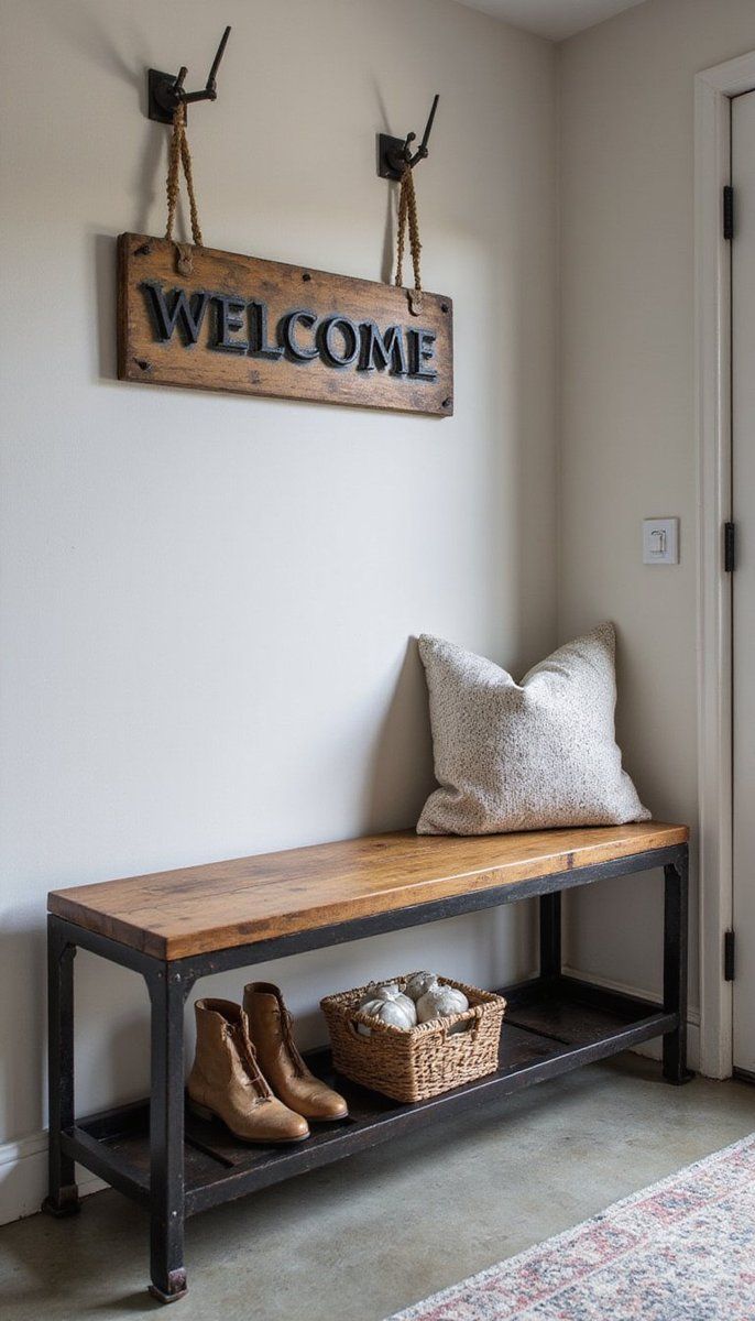 Industrial flair with a metal-framed bench