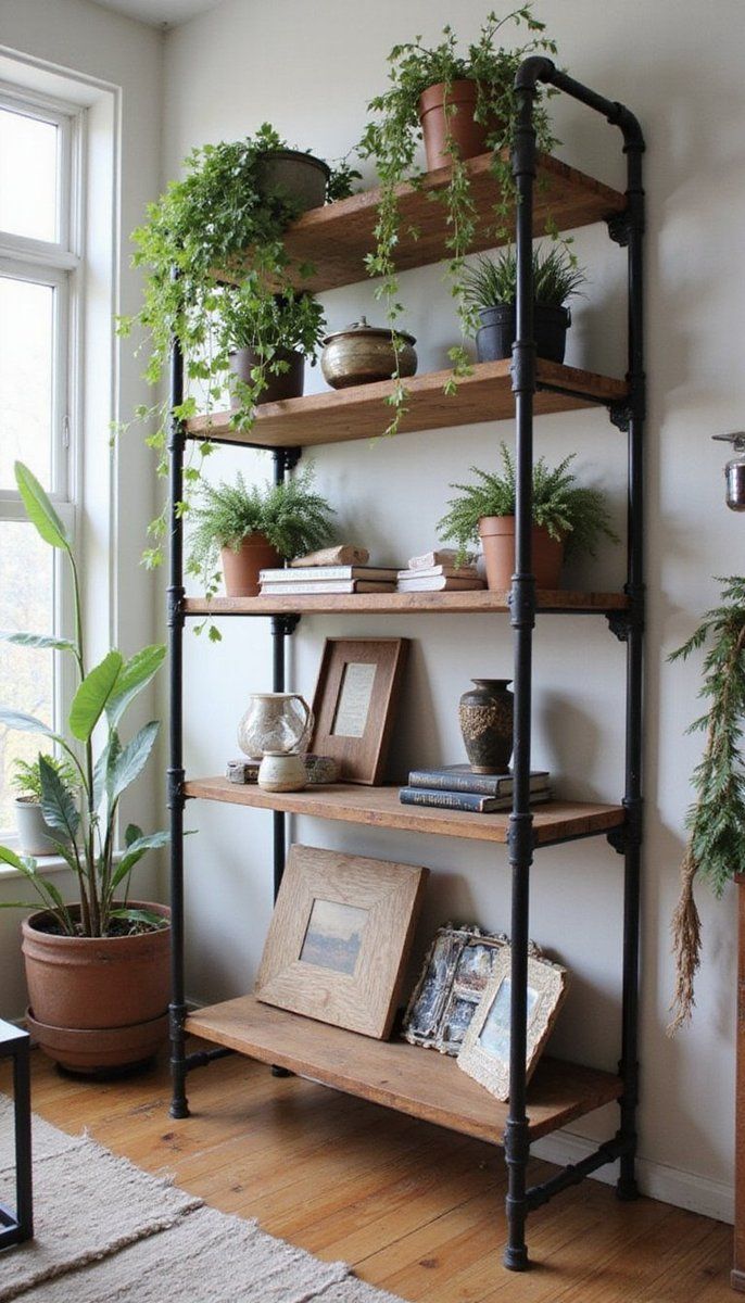 Industrial pipe bookcases with rustic flair