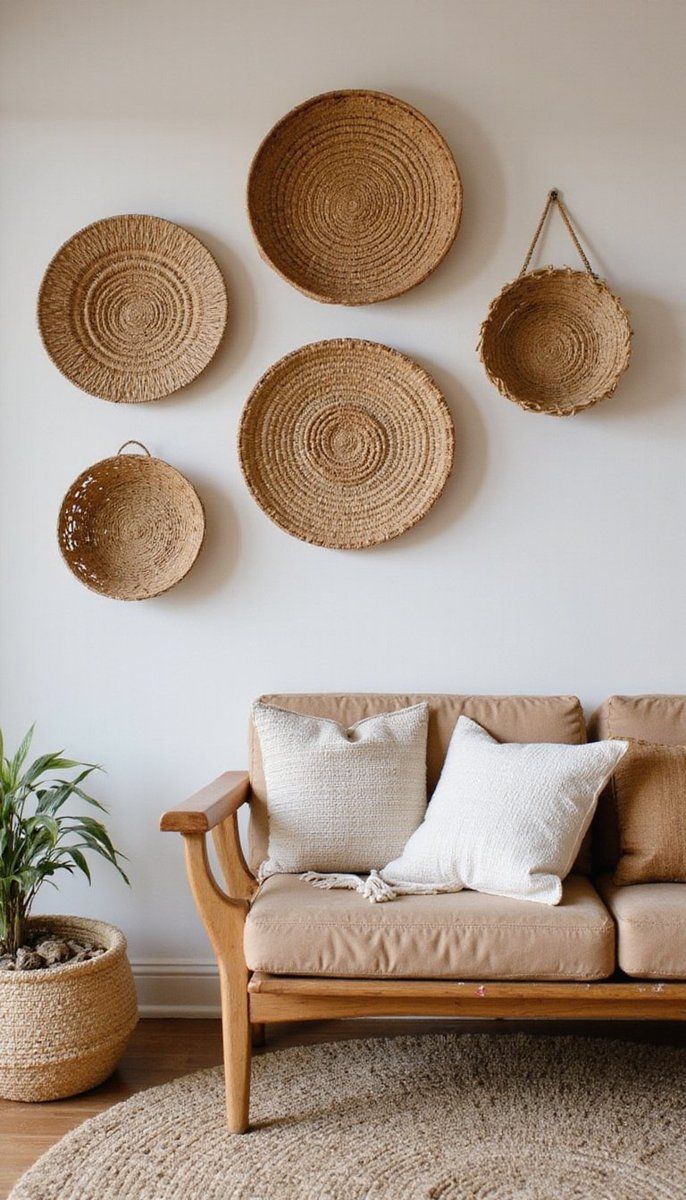 Introduce warmth with woven baskets on walls