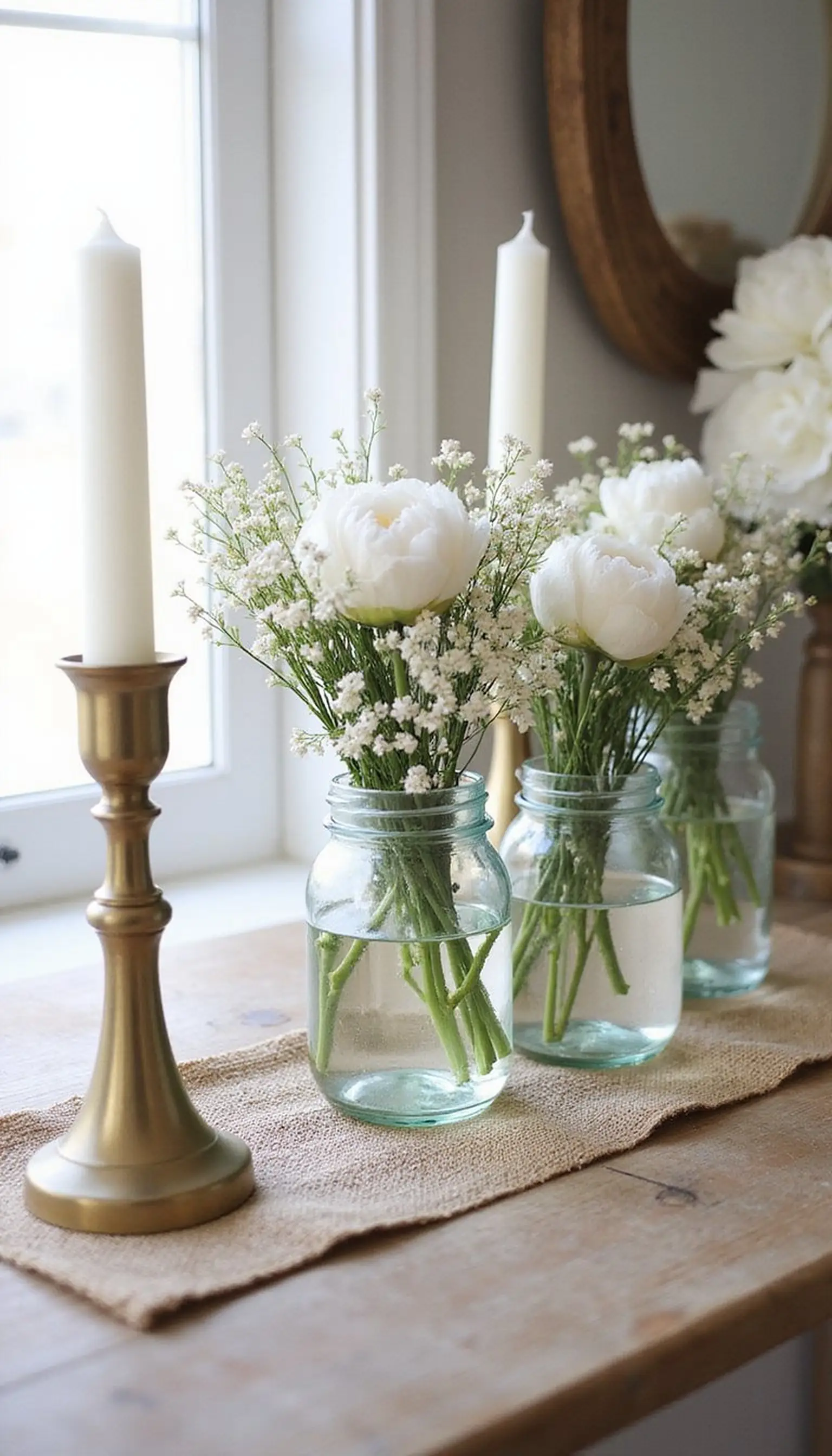 Cottage jars and peonies on a rustic mantel