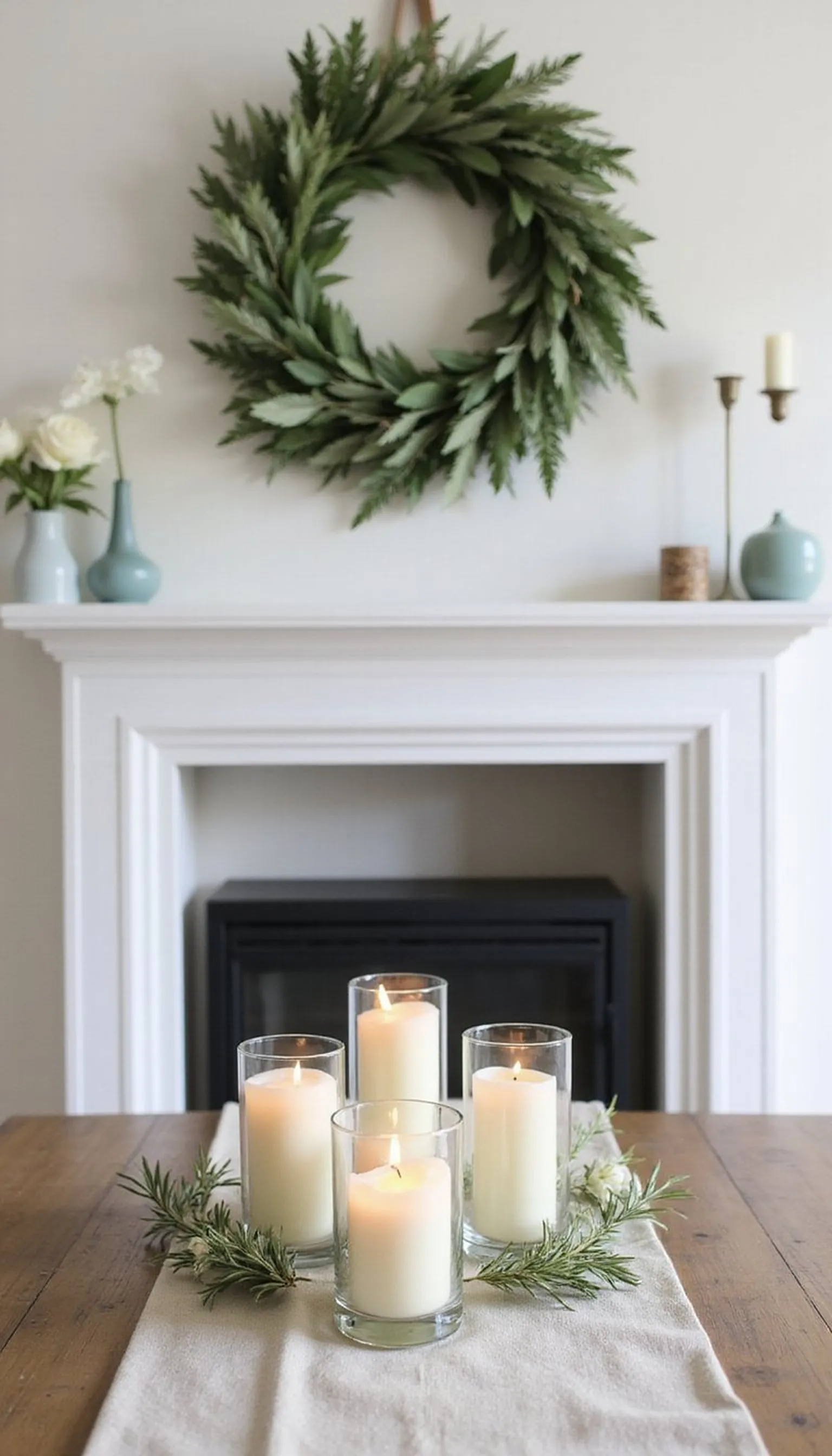 Floral wreath hung above pillar candles display