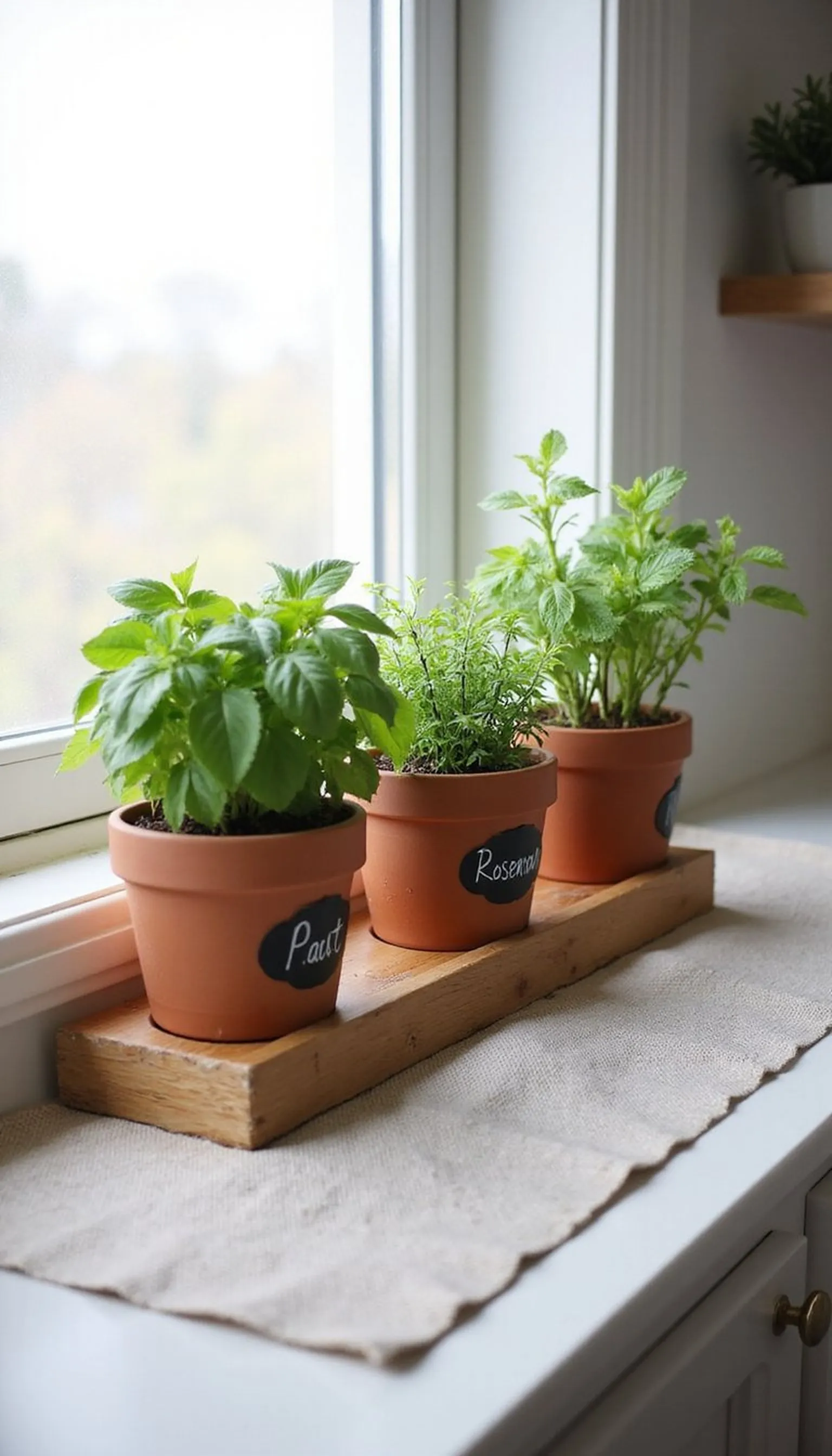 Herb pots for a kitchen-facing mantel display
