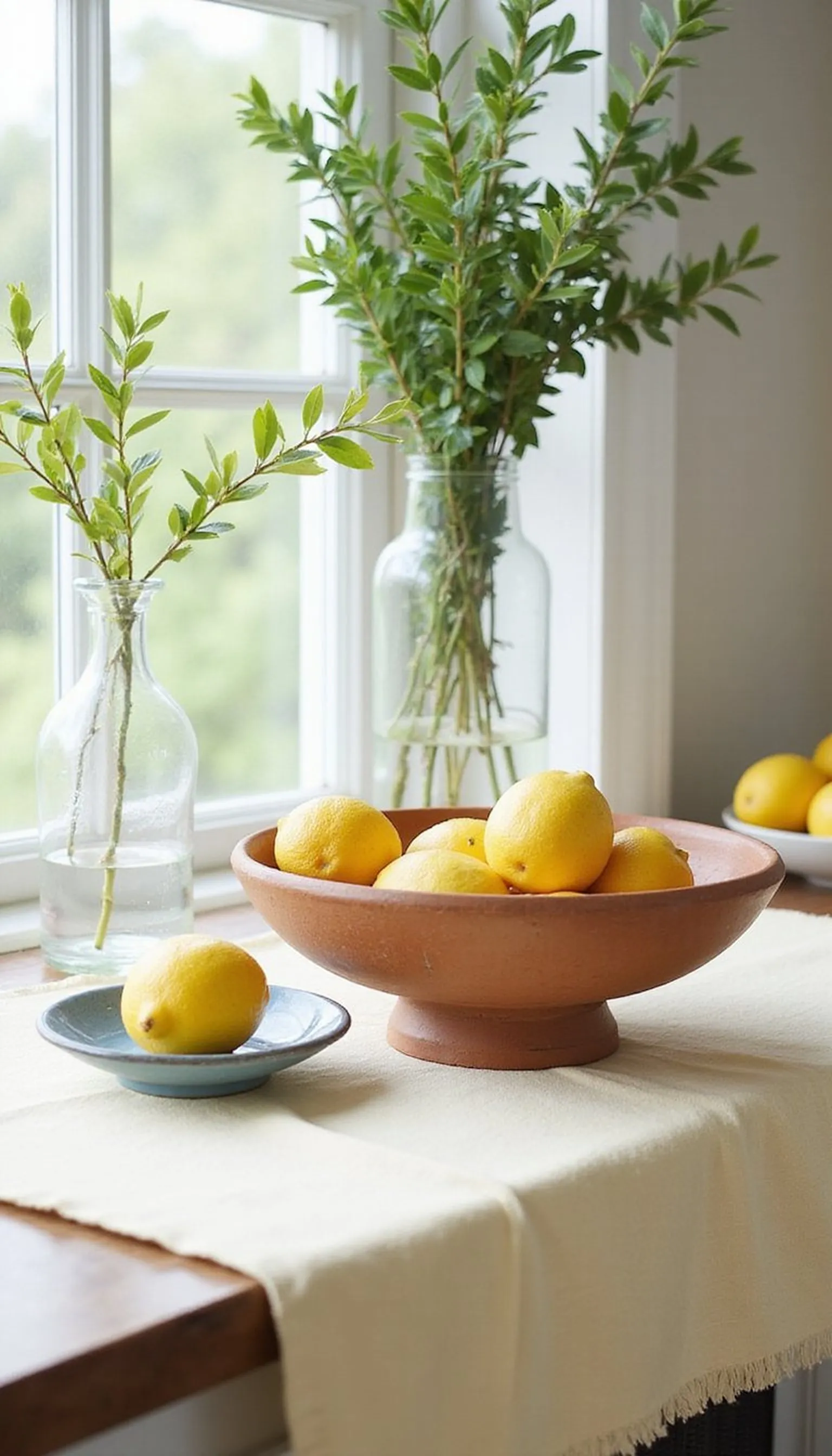Lemon bowl and citrus sprigs for a sunny touch