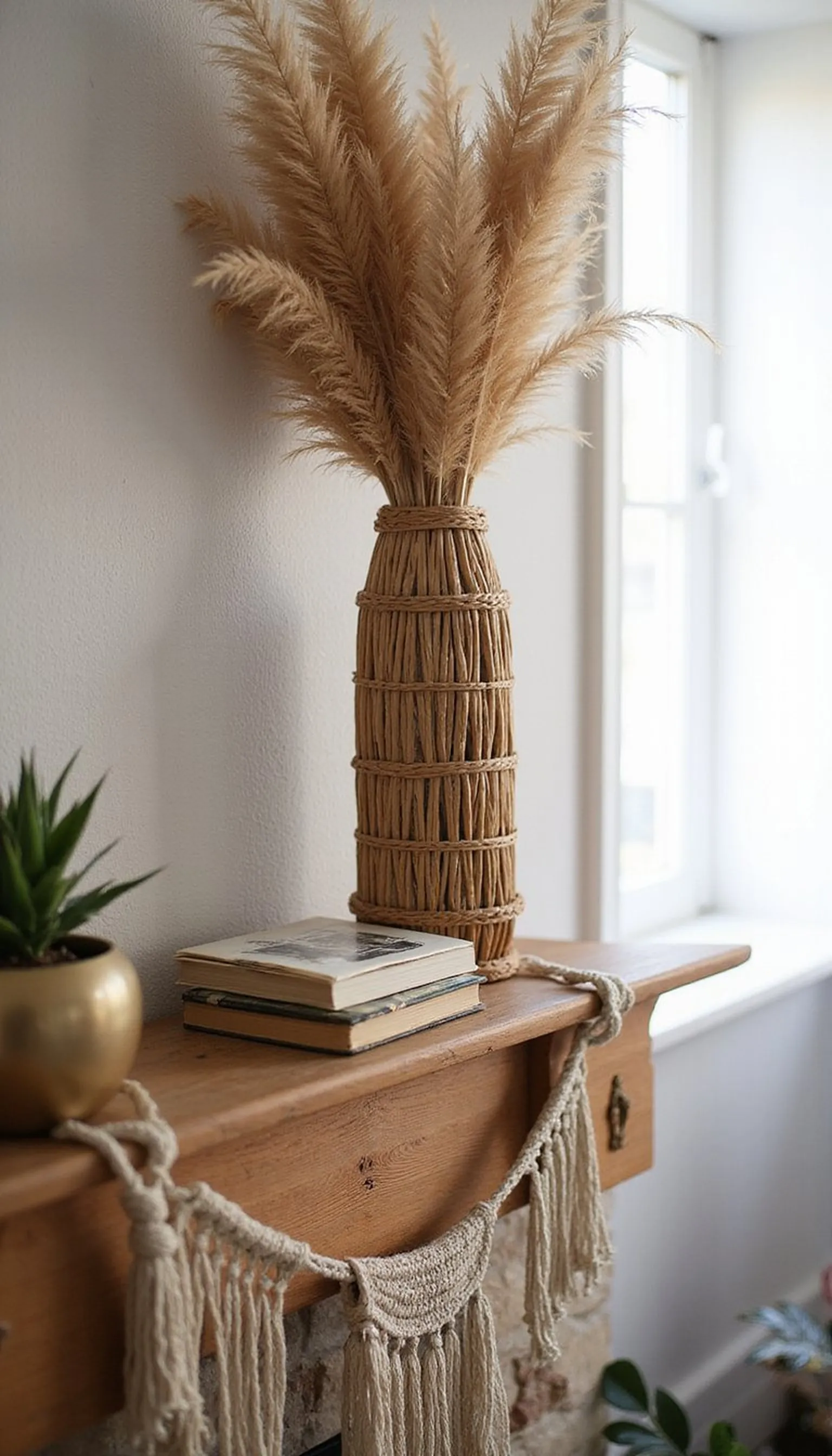 Pampas and rattan for a soft boho mantel