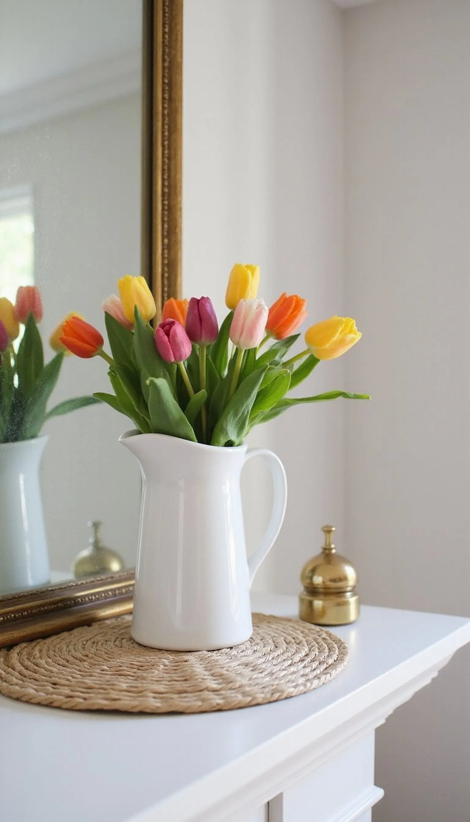 Tulips in a ceramic pitcher — bright and classic