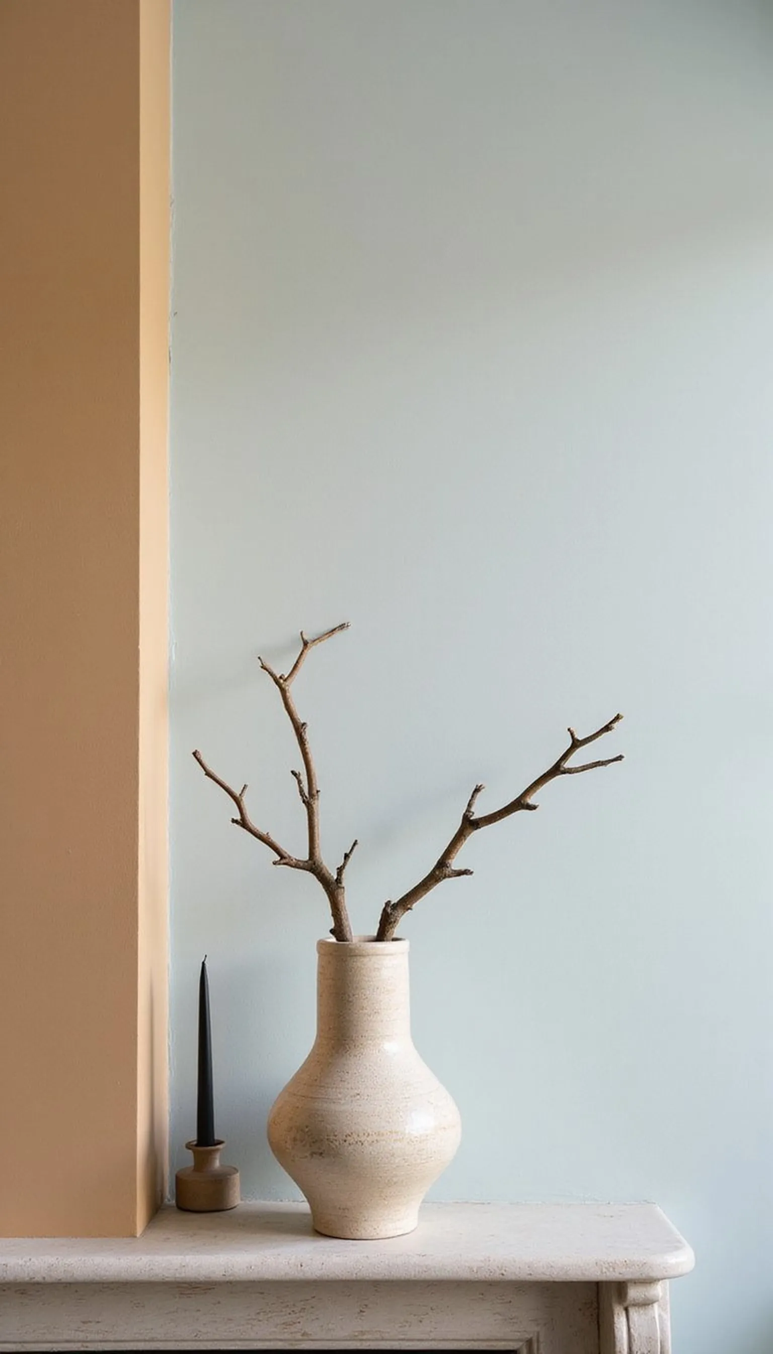 Two-tone painted wall with a sculptural vase