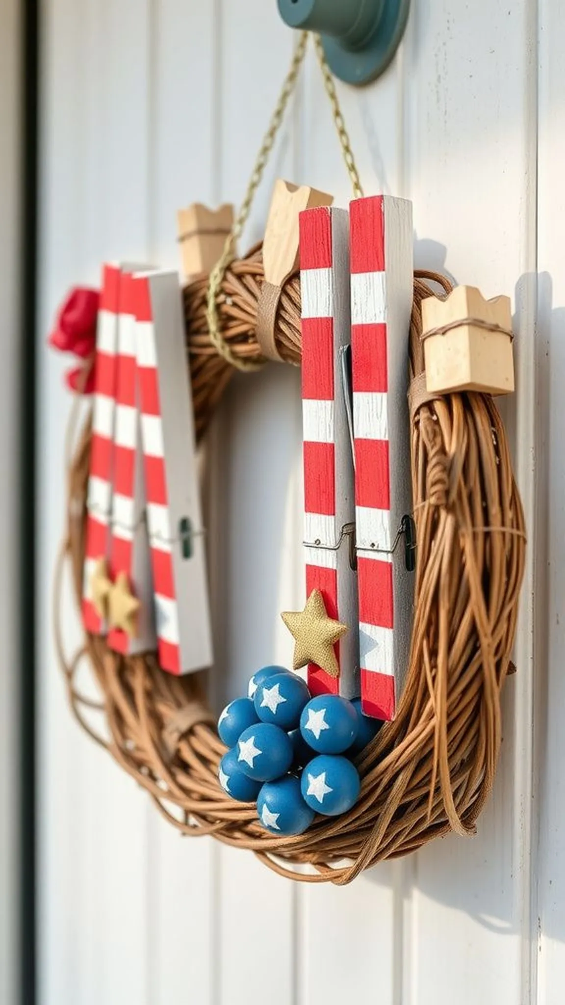 Clothespin flag wreath that greets the doorway