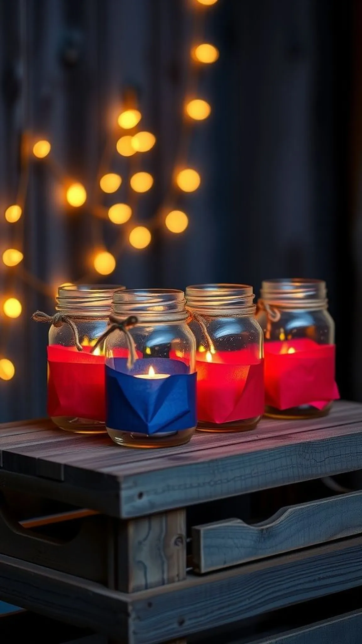 Mason jar flag luminaries with twine accents