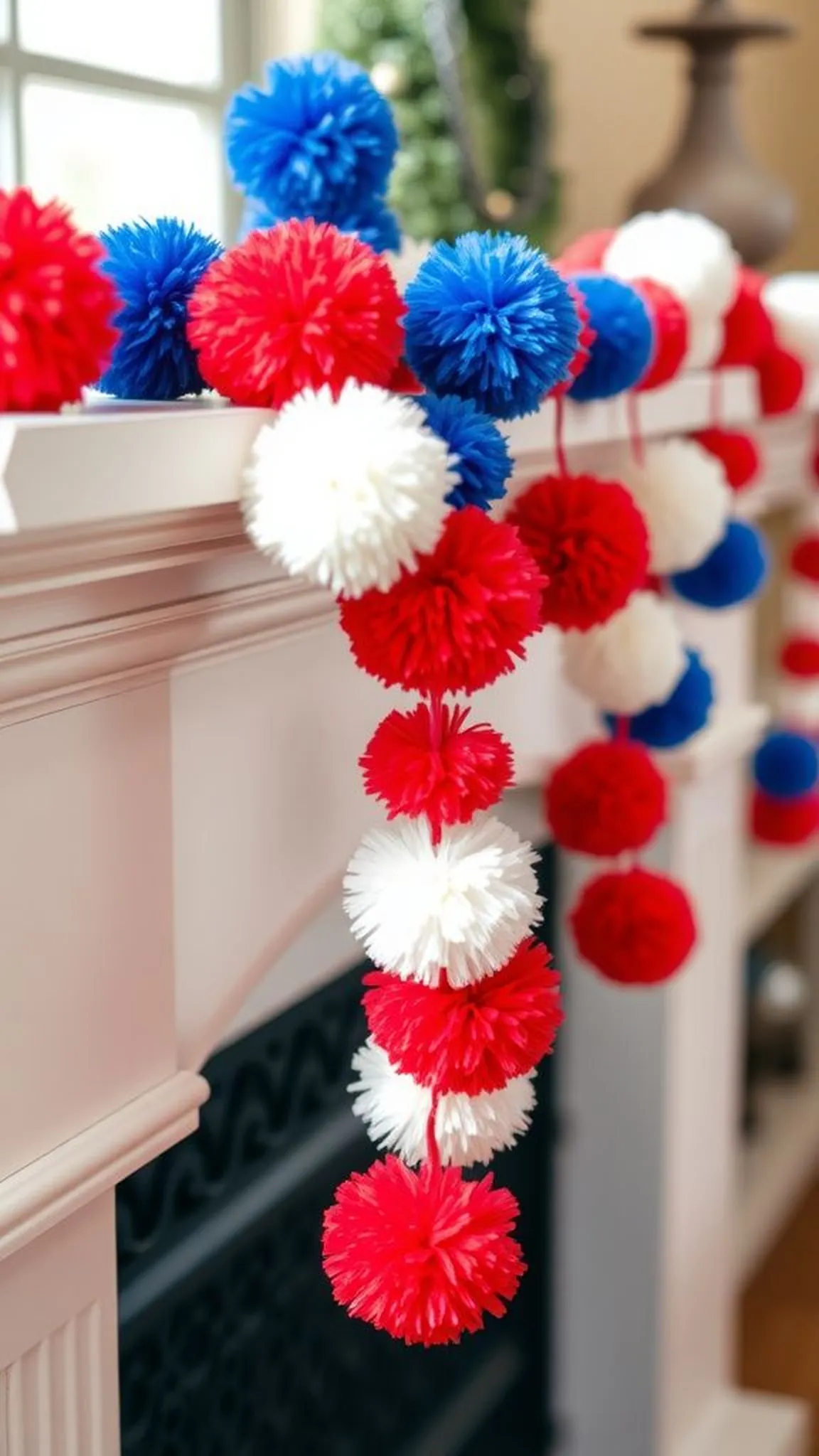 Red white blue pom-pom garland that bounces in breeze