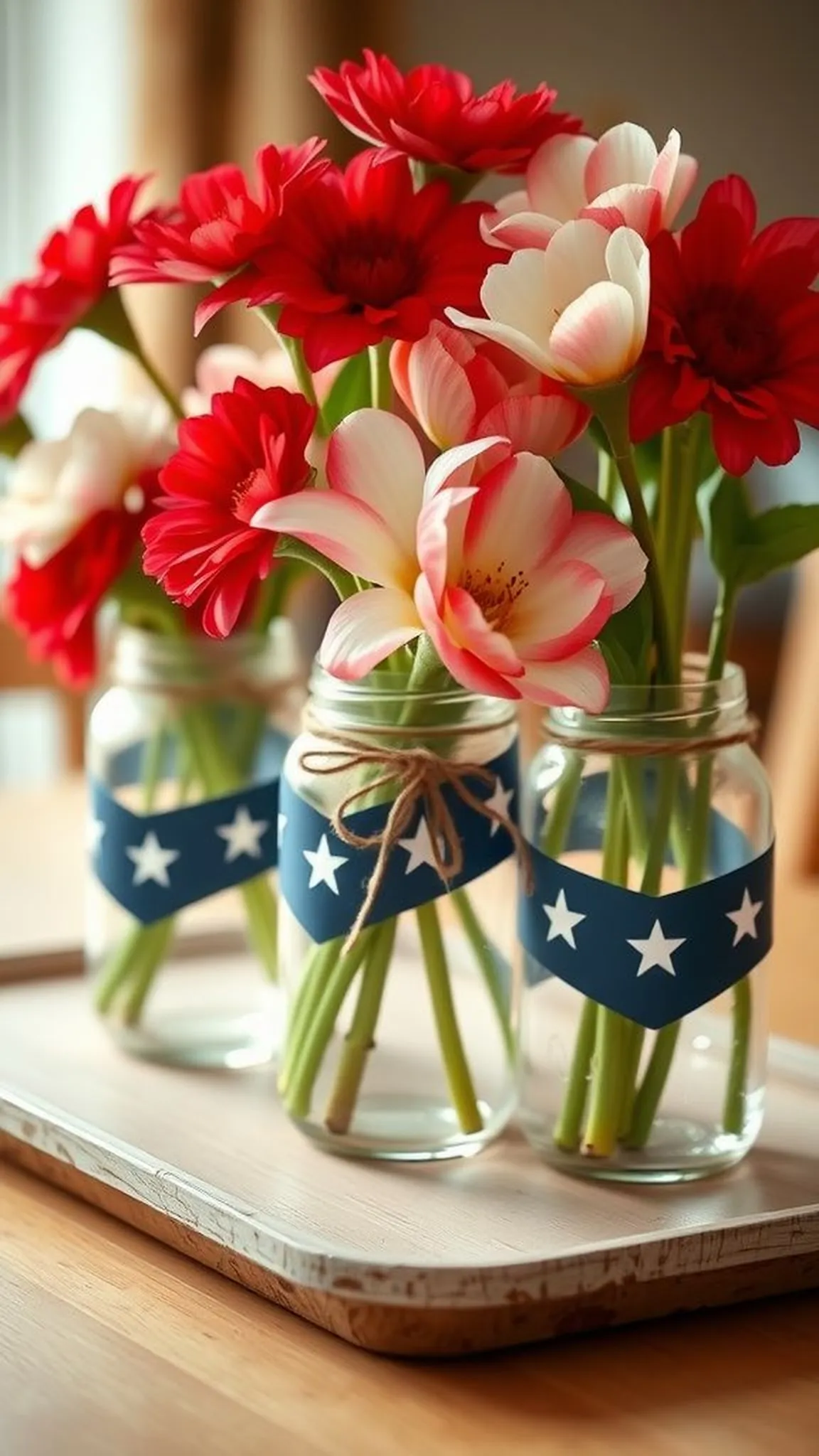Star-spangled mason jar centerpiece with floral touch