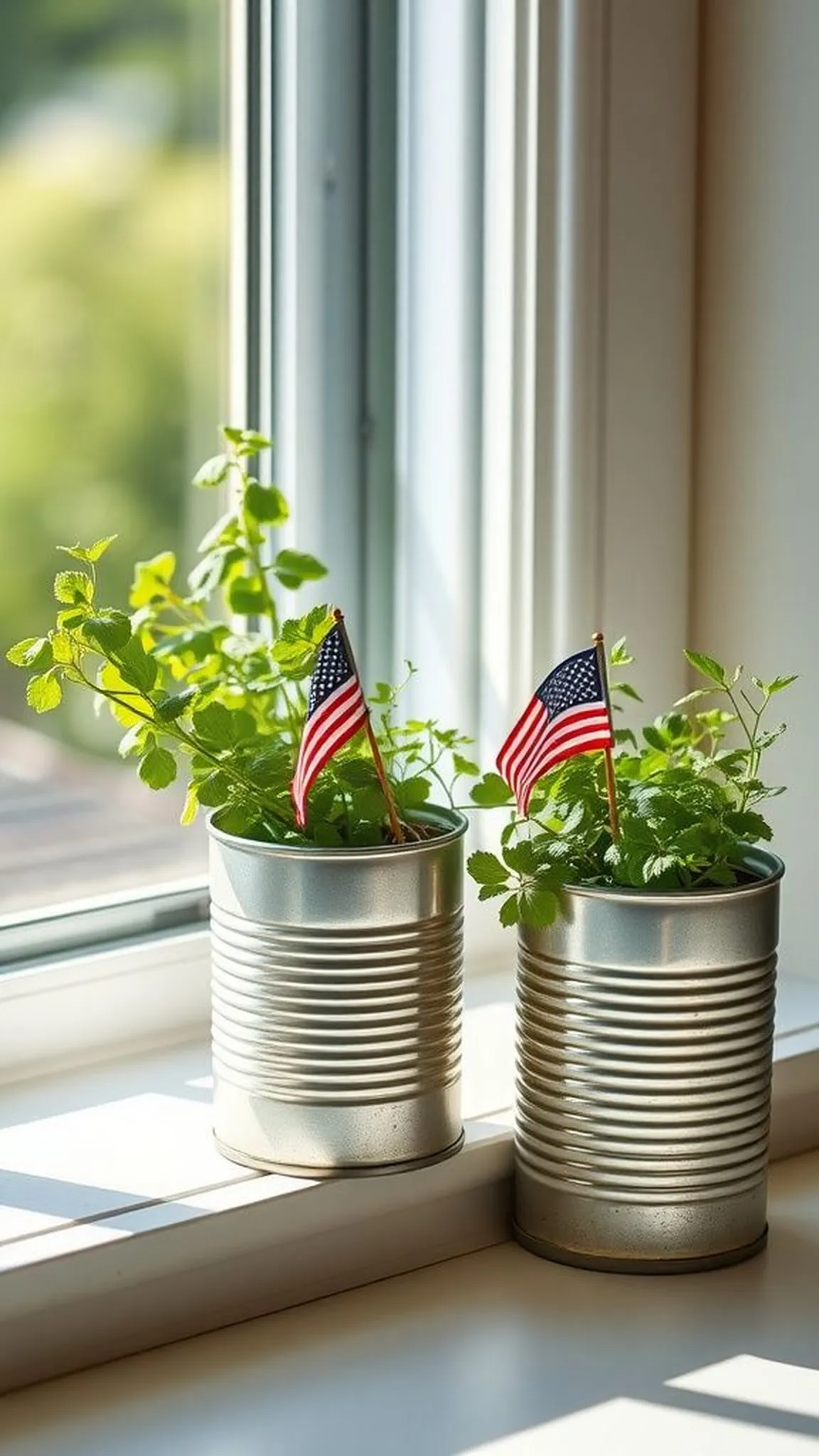 Vintage tin can planter flags with farmhouse charm