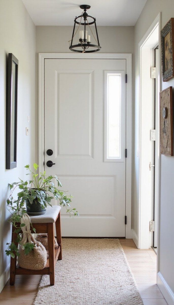 Metal-framed mirror in a farmhouse hallway