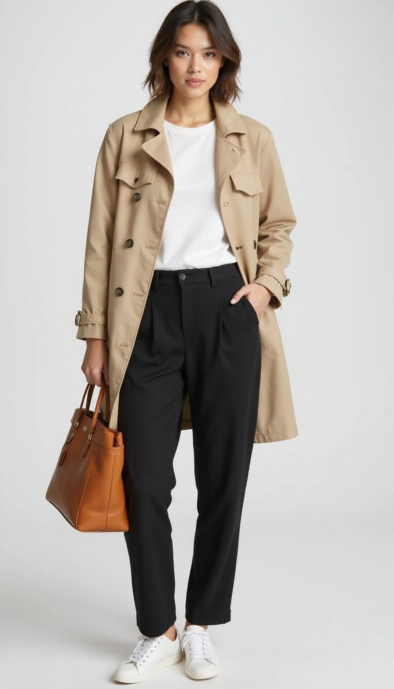 Beige trench with white tee and tailored trousers