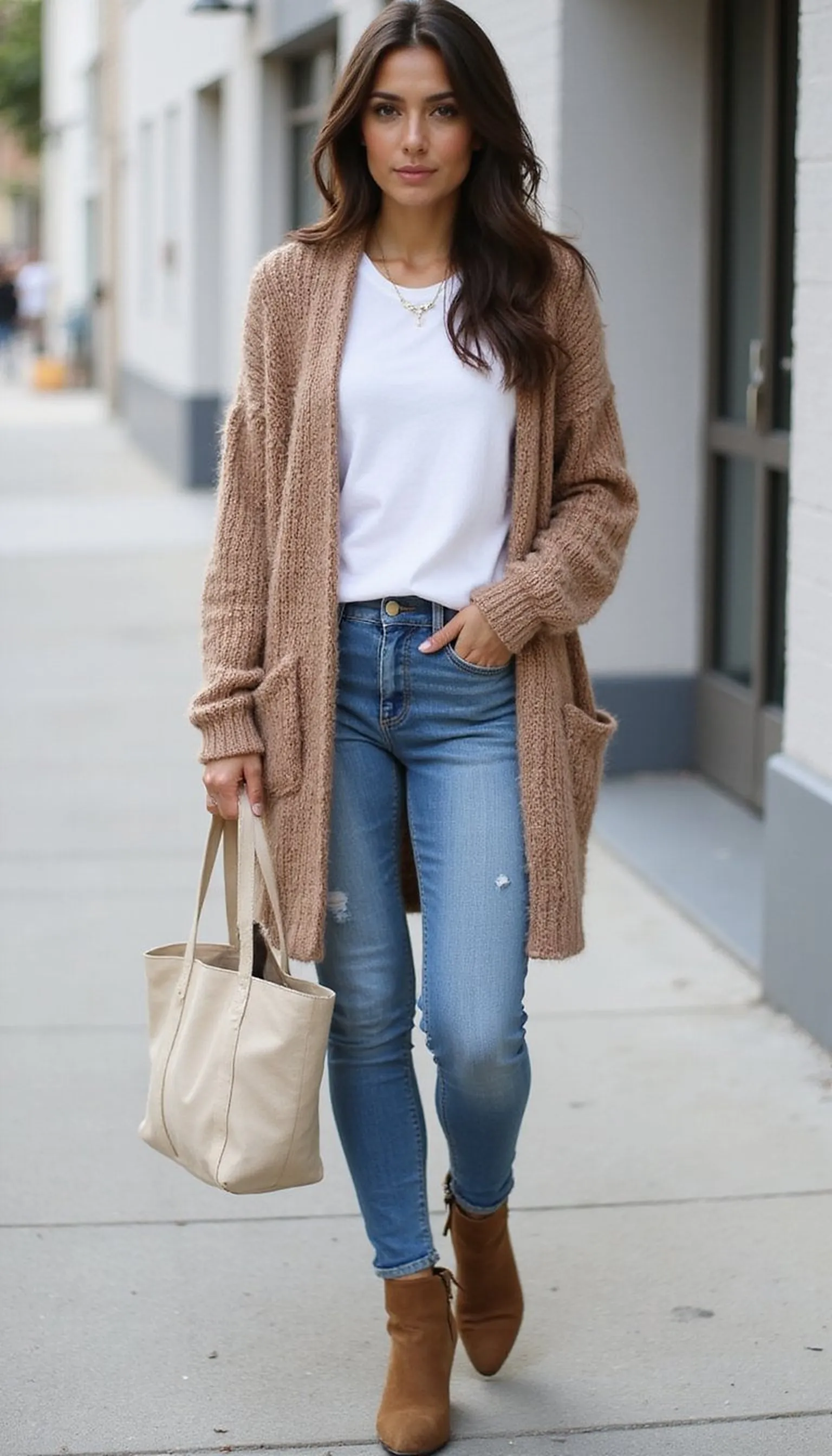 Cozy cardigan, tee, mom jeans and block heel boots