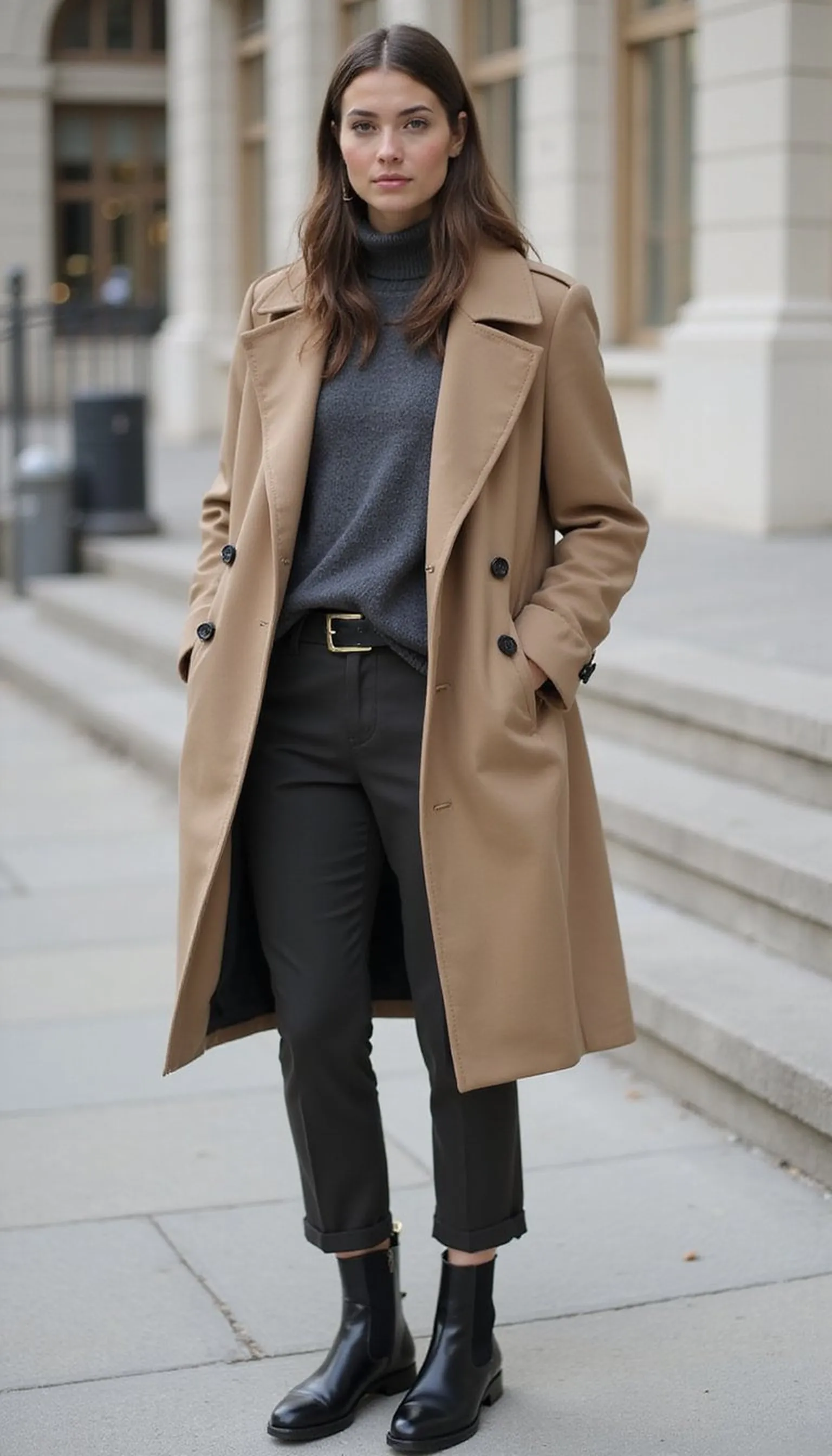 Lightweight coat with roll-neck and tapered trousers