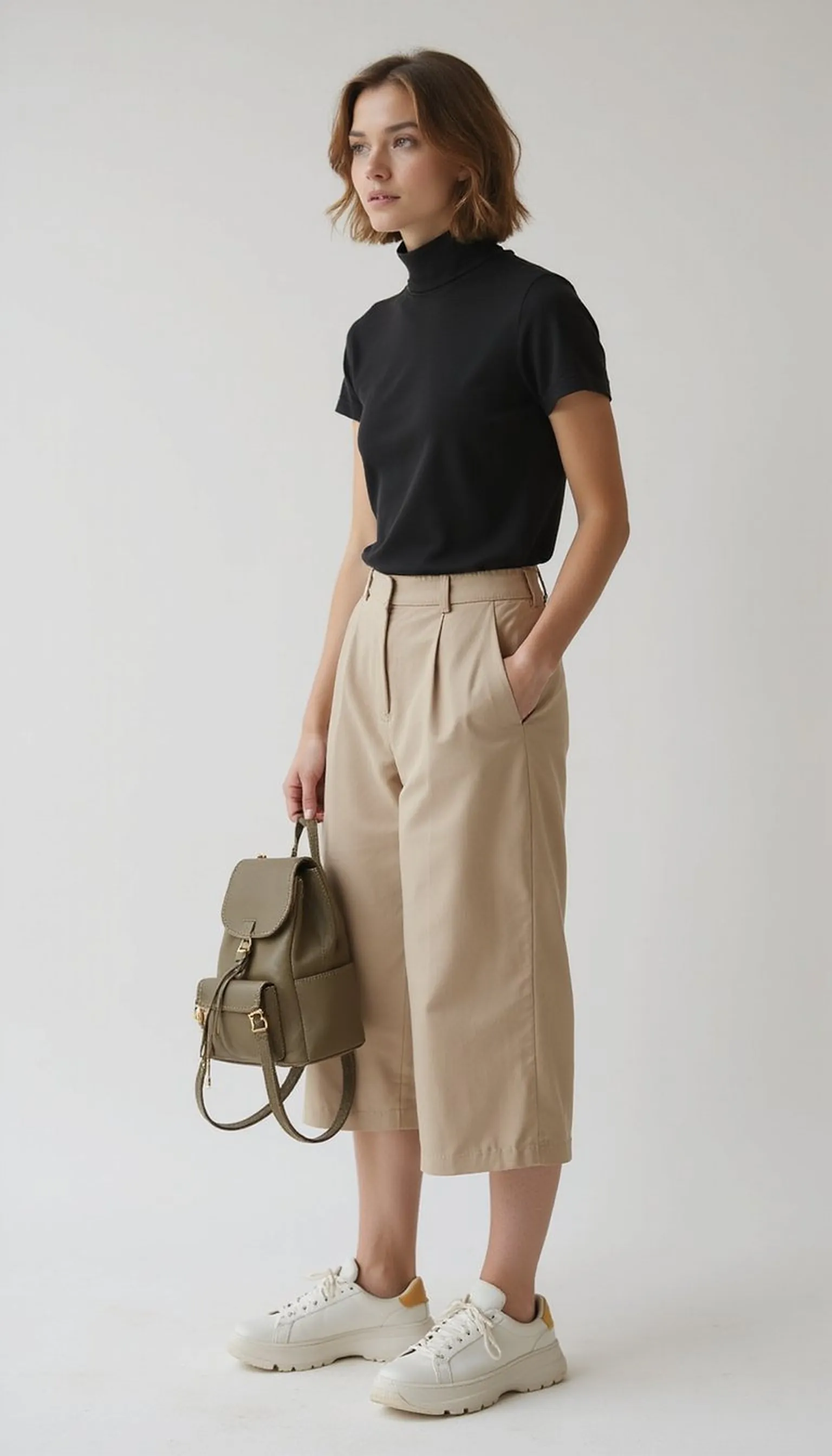 Mock neck top with culottes for modern minimalism