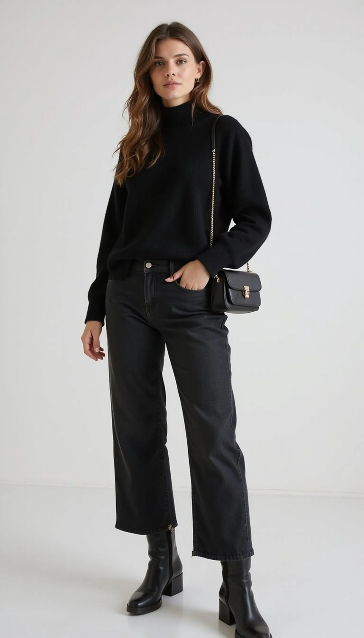 Monochrome black: turtleneck and straight-leg jeans
