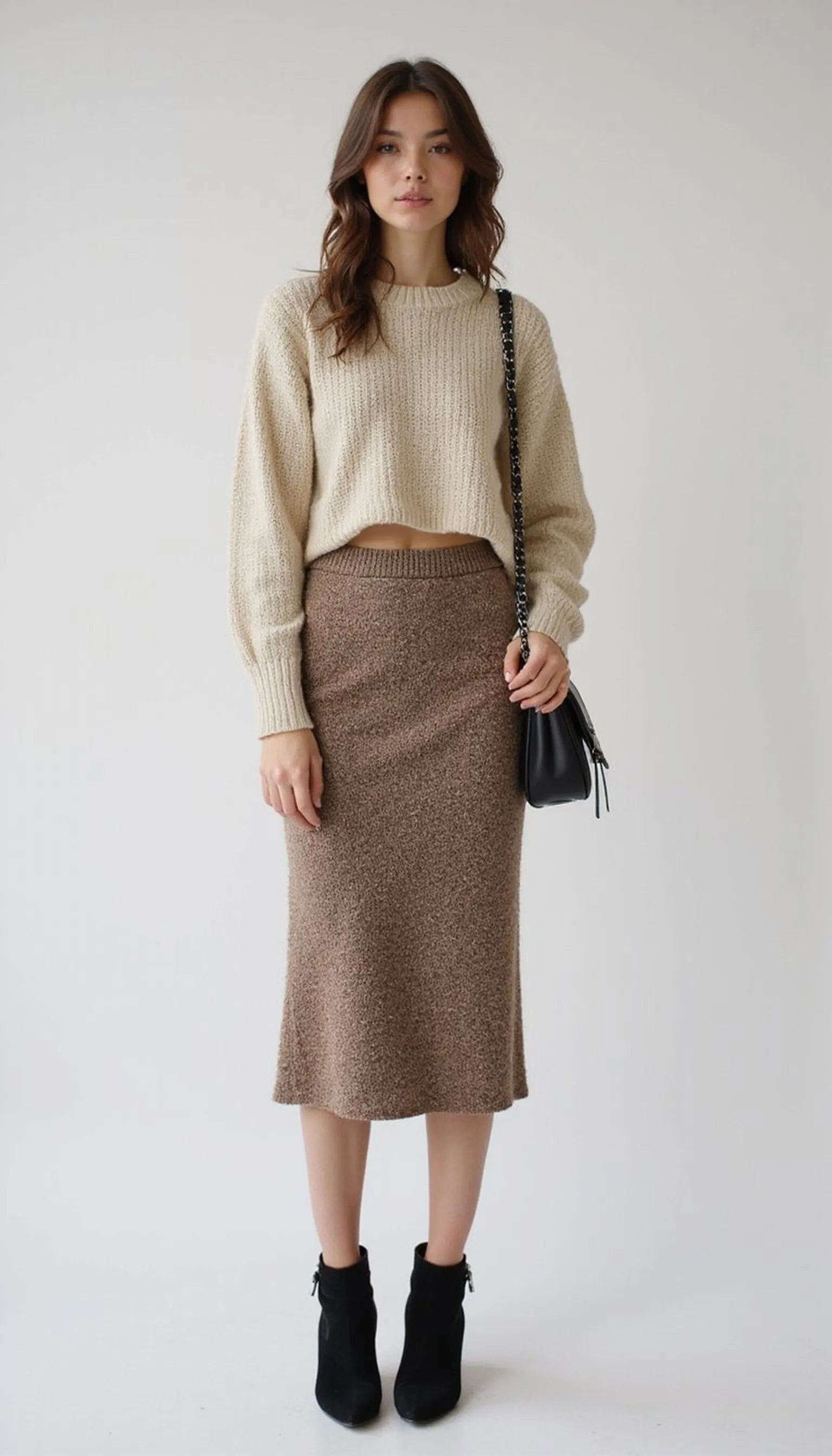 Neutral knit set: sweater and midi skirt combo