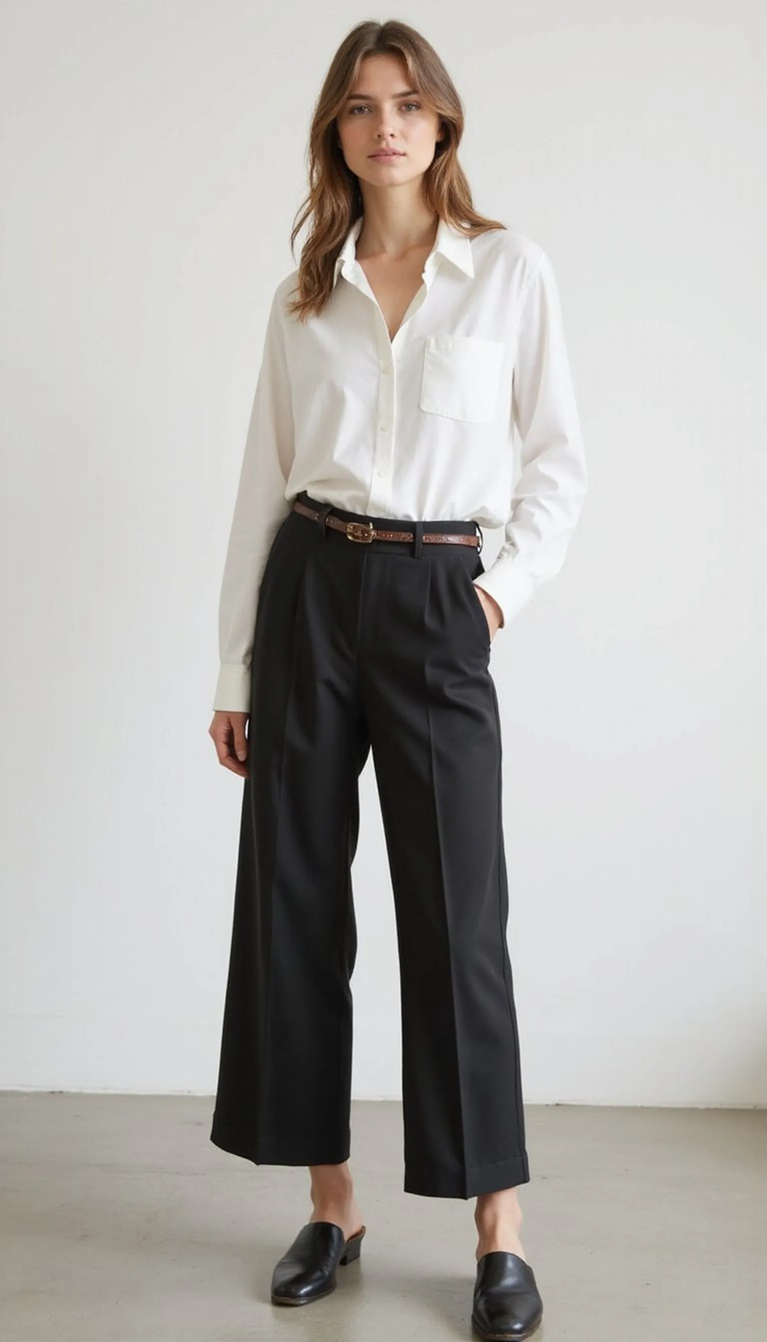 Oversized white shirt with wide-leg trousers and mules