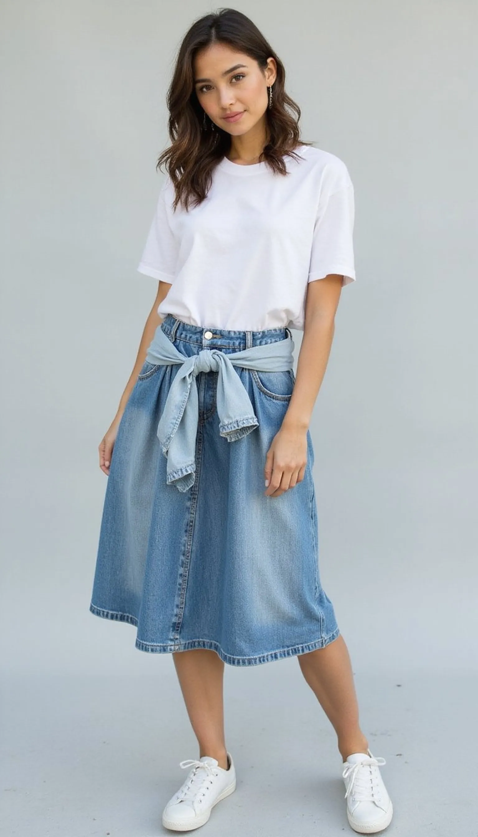 T-shirt and pleated midi skirt with trainers