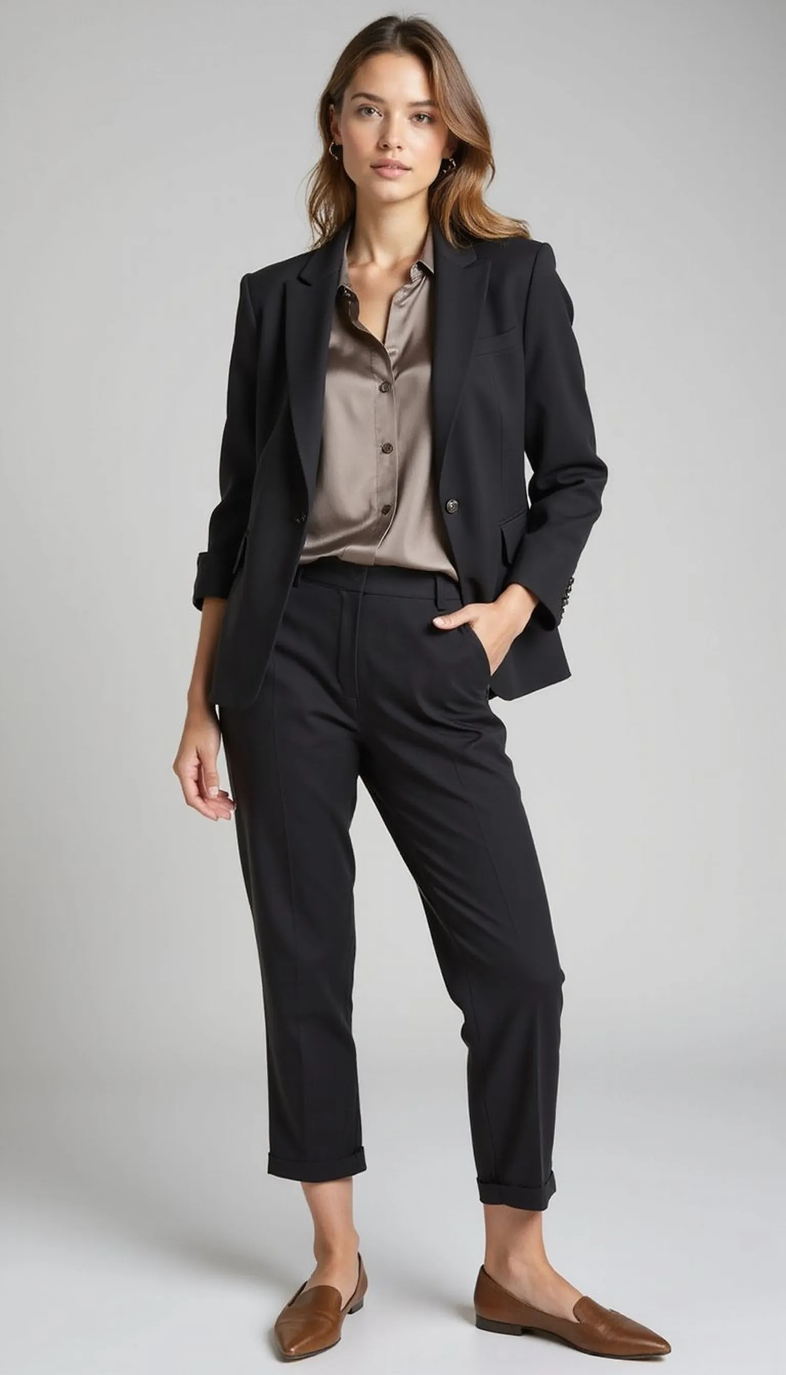 Tailored blazer, silk blouse and cigarette pants