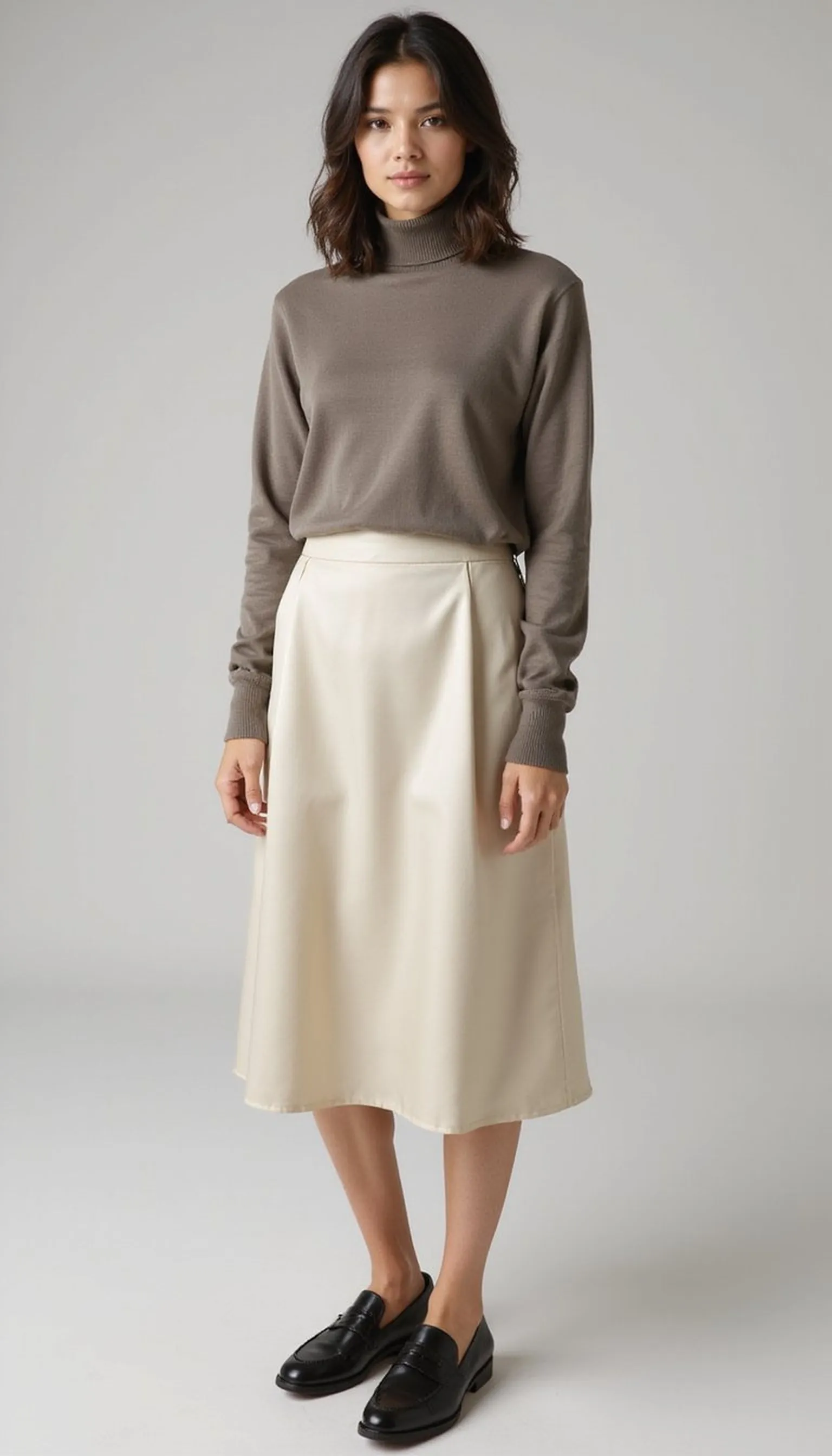 Turtleneck and satin slip skirt with loafers