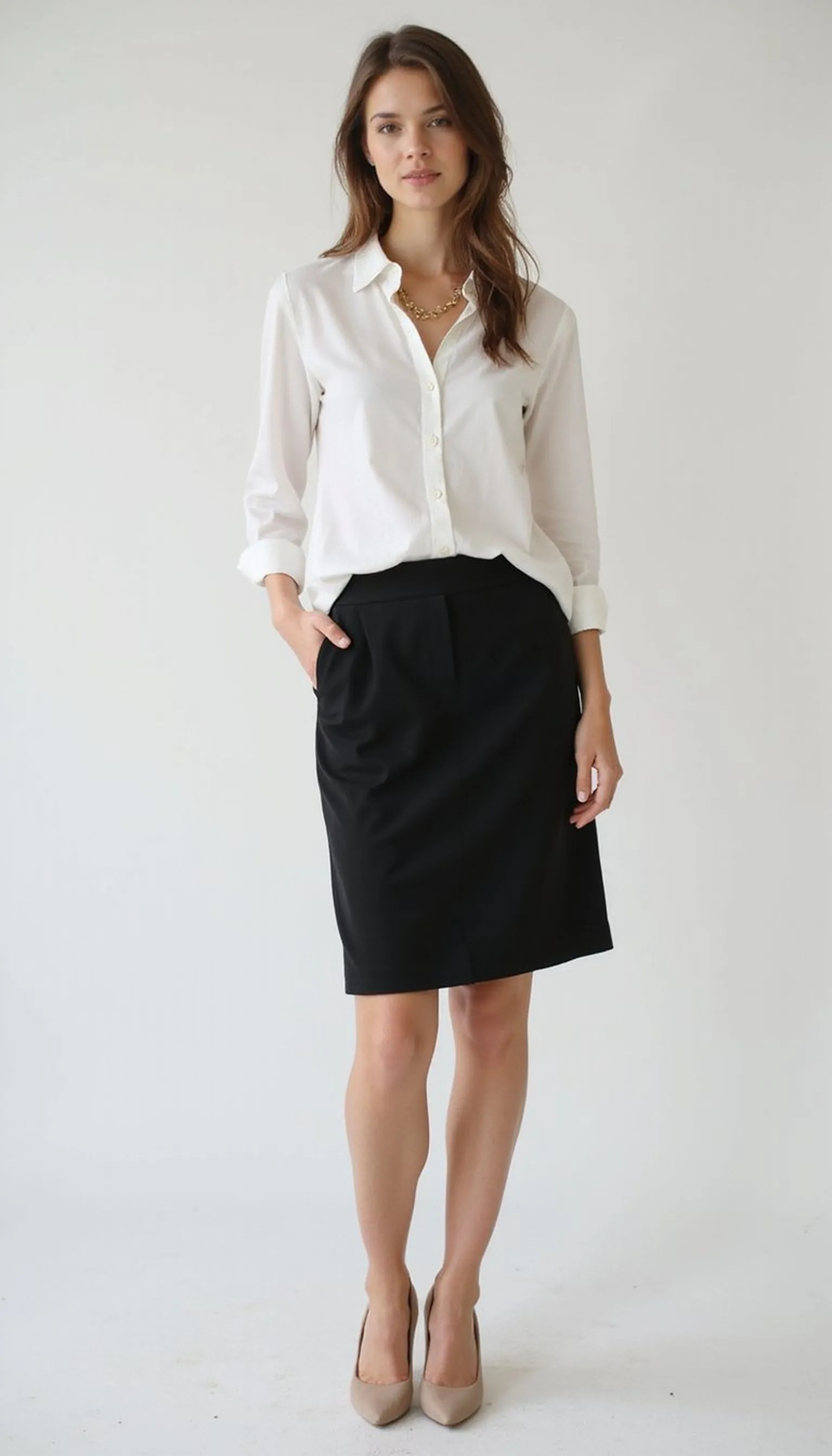 White button-down tucked into a black pencil skirt