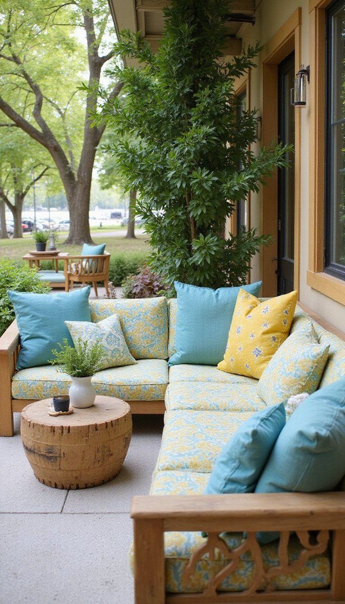 Mix and match patterned outdoor cushions