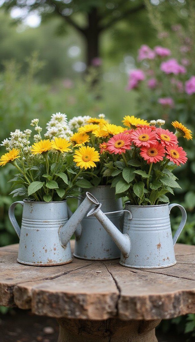 Old-fashioned watering cans as flower containers