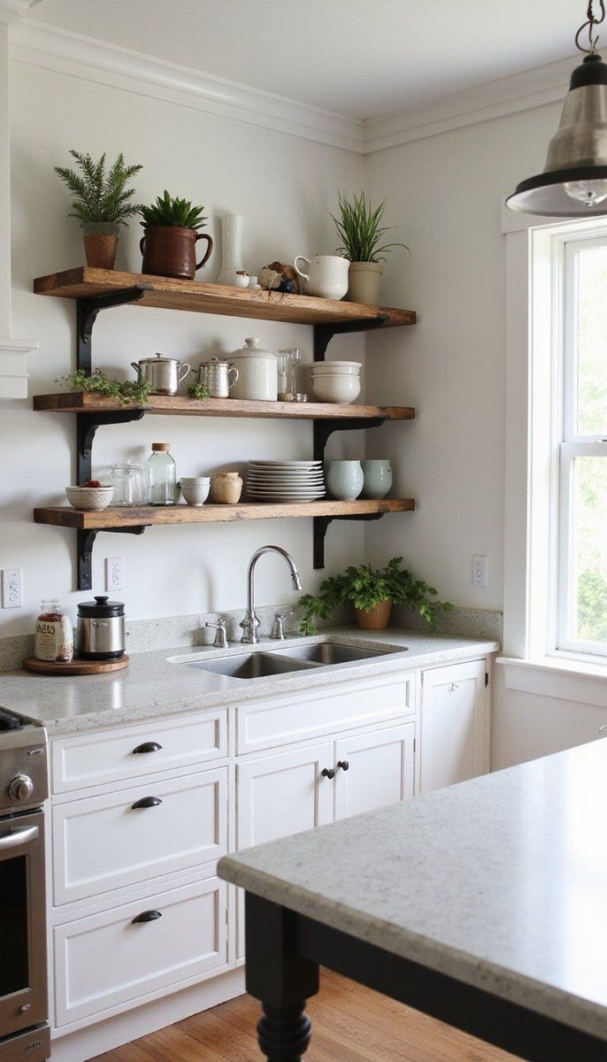 Open shelving with metal brackets