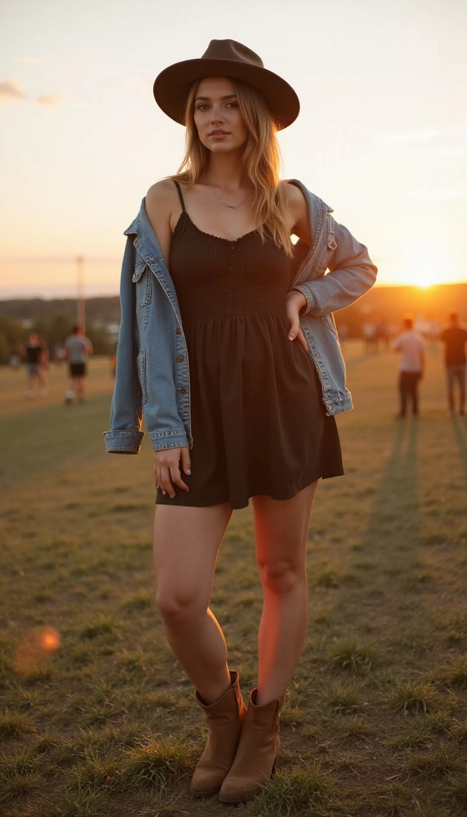 Flirty mini dress with ankle boots and a hat
