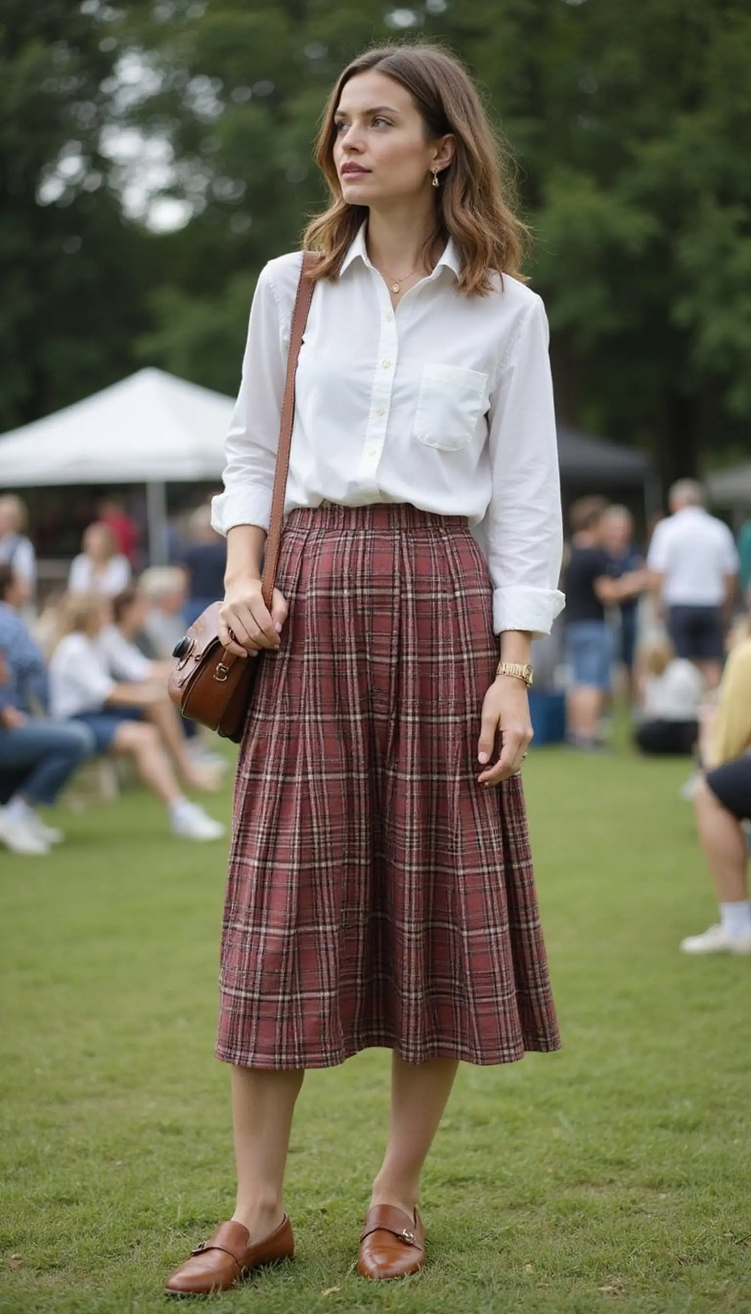 Preppy plaid skirt with button-down and loafers