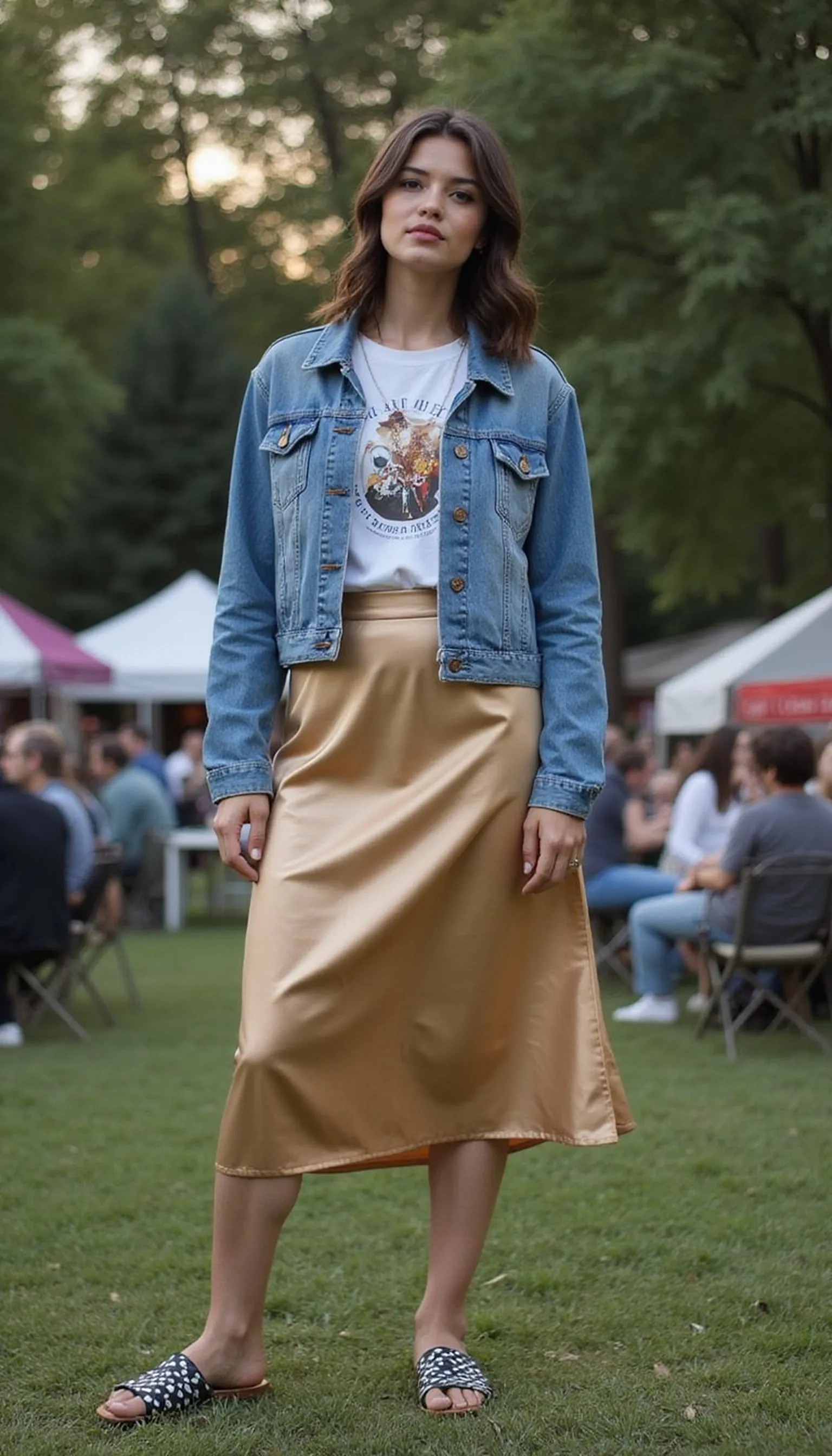 Satin slip skirt and graphic tee for a cool contrast