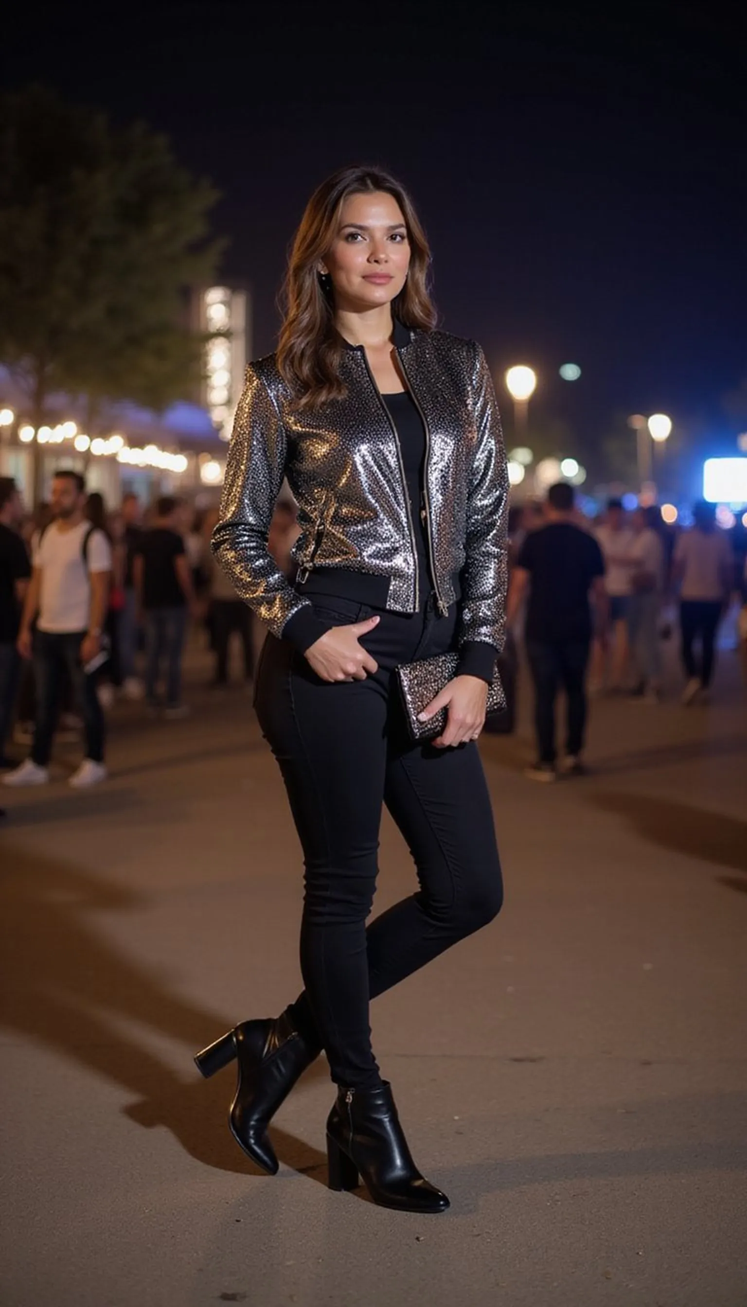 Sequin bomber and black jeans for night sparkle