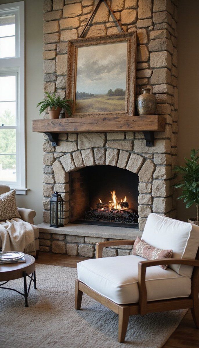 Rustic farmhouse fireplace with metal accents