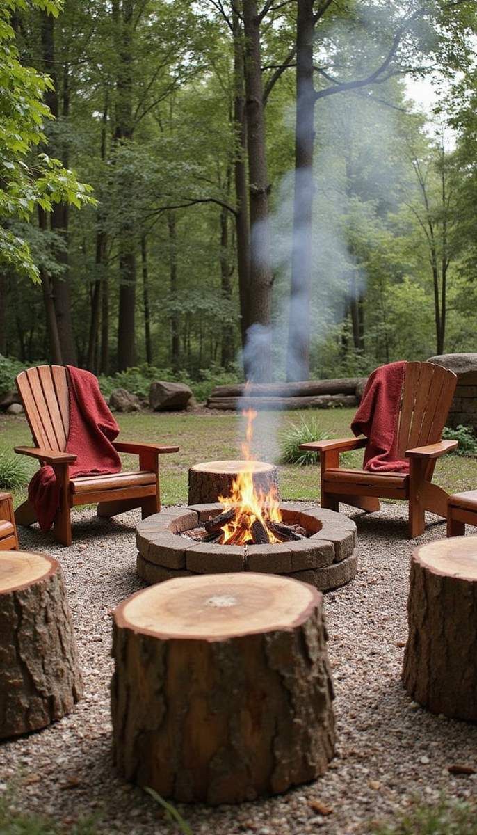 Rustic fire pit seating arrangement
