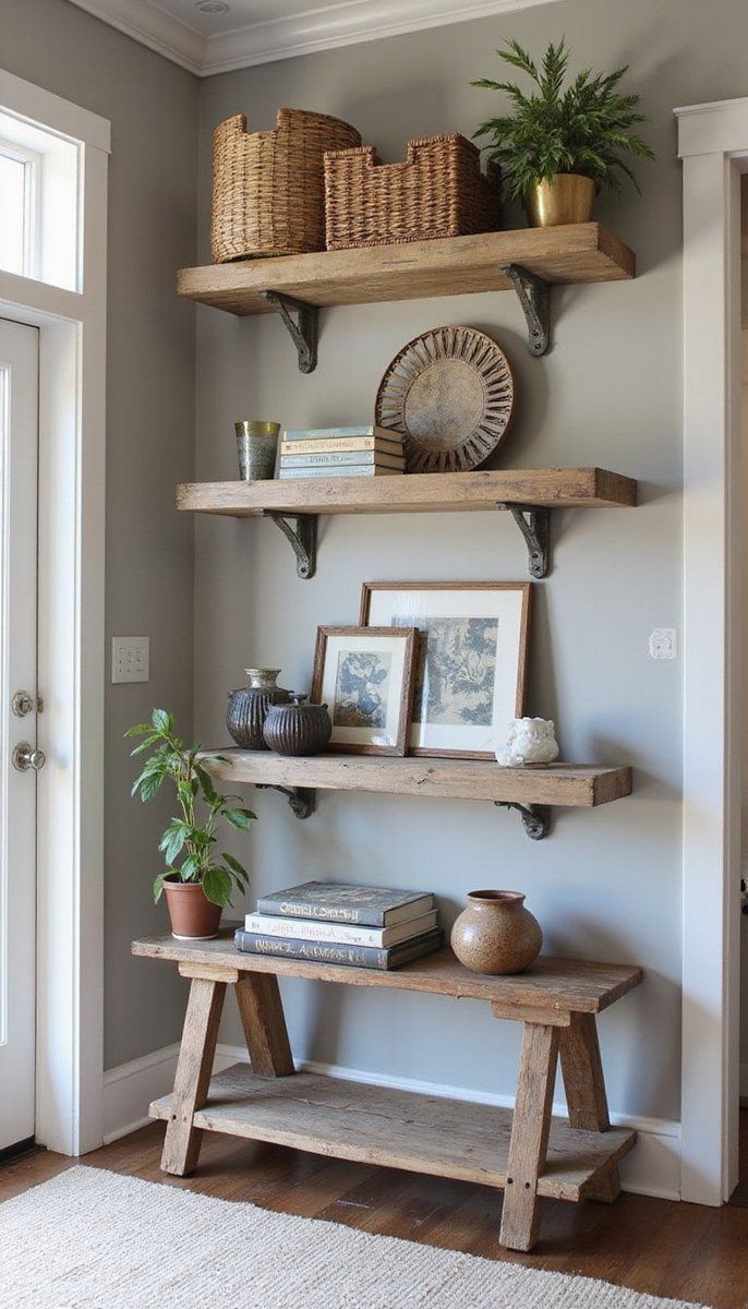 Rustic shelving for entryway functionality