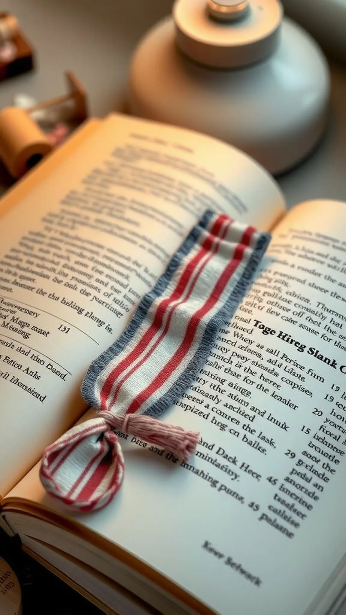 A tassel-edged fabric bookmark from tiny scraps